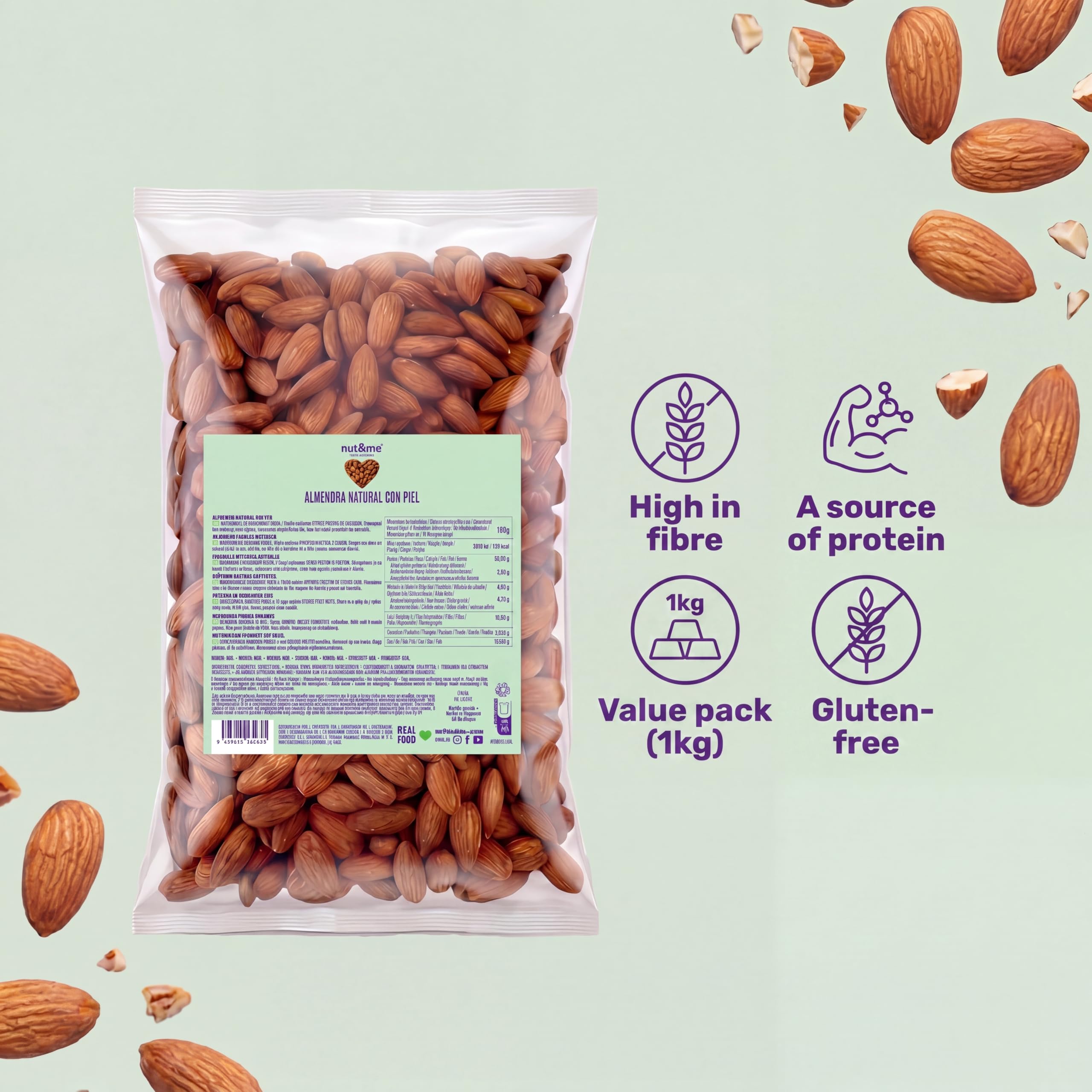 Almendras crudas con piel 1 kg nut&me | almendras naturales | Fuente de proteínas | Alto contenido en fibra | Sin gluten |