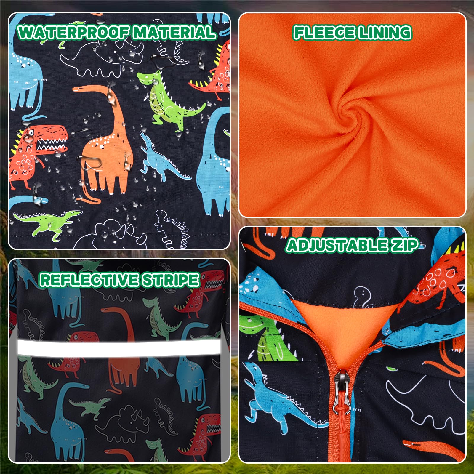 Giacca Impermeabile per Ragazzi Giacca da Pioggia Foderato in Pile Bambino Antipioggia Softshell Giubbotto con Cappuccio Dinosauri Stampa Impermeabile Cappotto Calda Giacche Bambini 3-12 anni