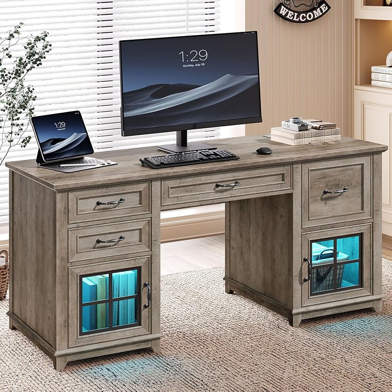 RALGEND 58" Farmhouse Desk with Drawers, Executive Desk with Power Outlet