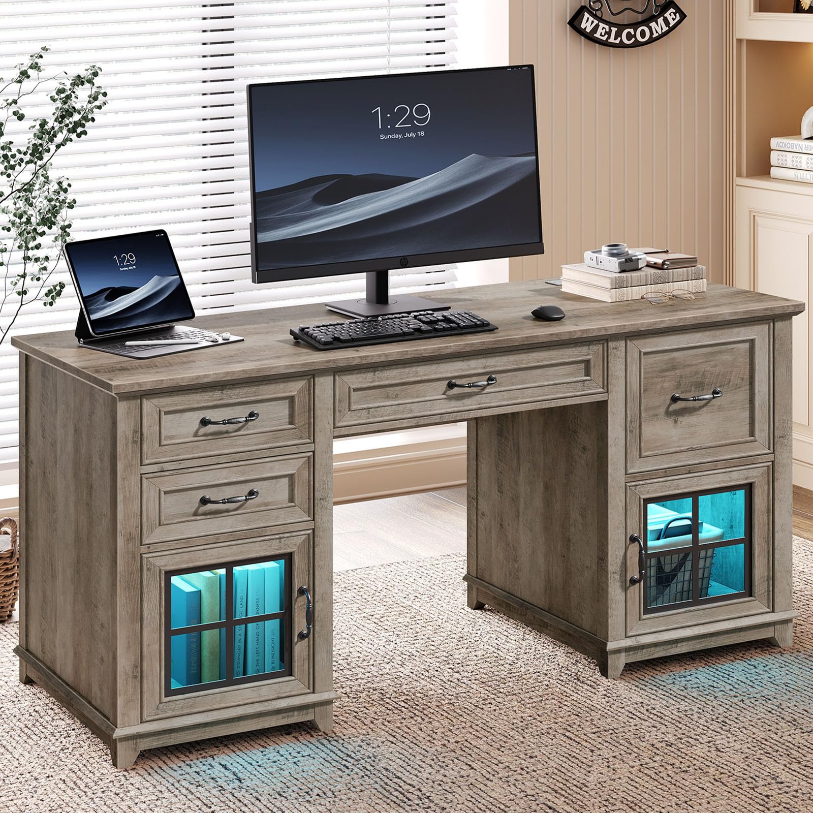 RALGEND 58" Farmhouse Executive Desk, Farmhouse Computer Desk with Drawers & File Cabinet, Wooden Home Office Desk with Power Outlet & LED Light,