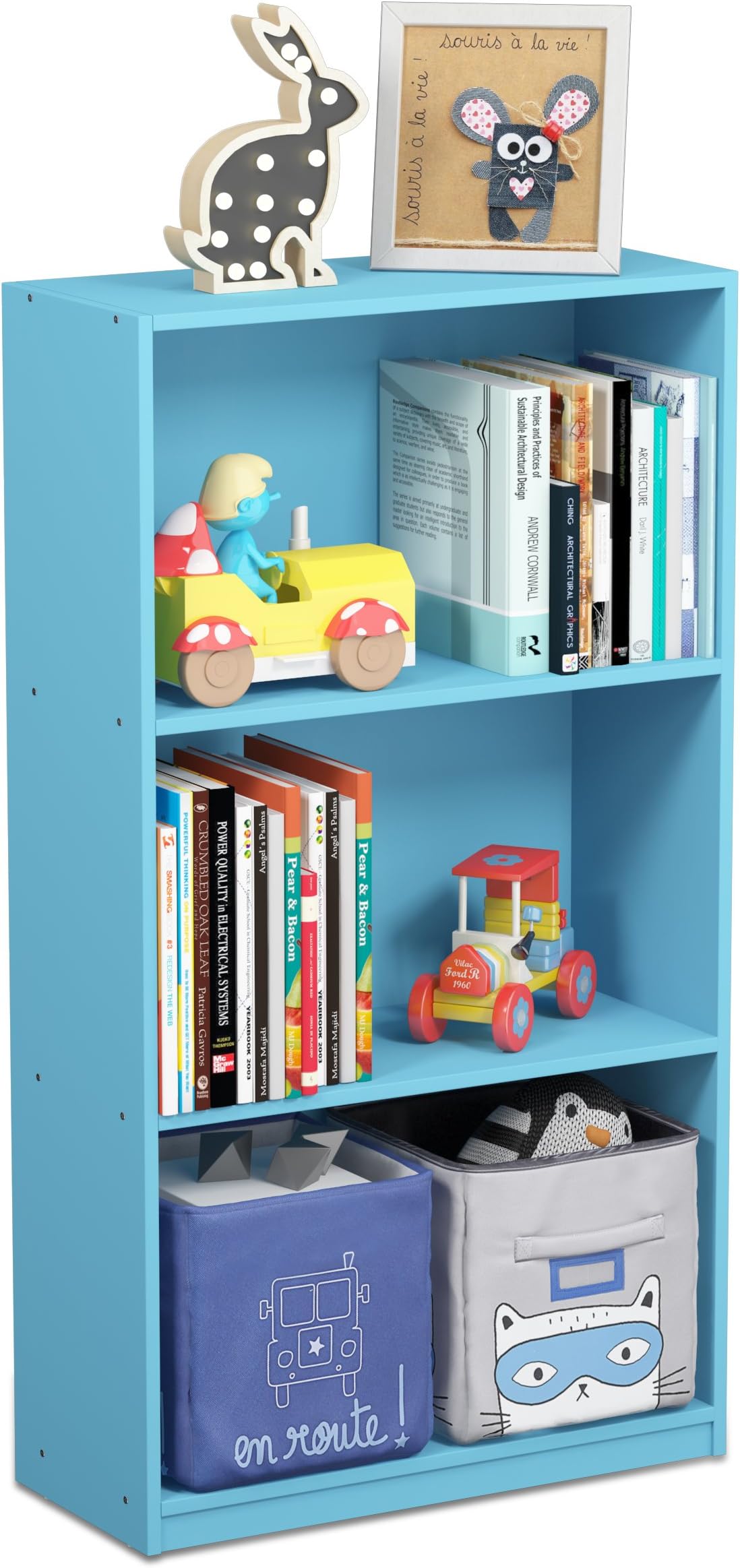 Furinno BASIC Book Shelf, 3-Tier Modern Bookshelf, Bookcase with Open Shelves, 9.3 x 21.8 x 39.5, for Living Room, Bedroom, Home Office, Light Blue