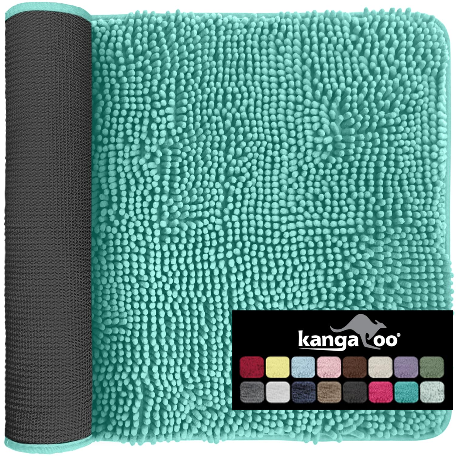 KANGAROO Luxury Chenille Bath Rug, Extra Soft and Absorbent Shaggy Bathroom Rugs, Machine Wash Mat, Strong Underside, Plush Carpet Mats for Kids Tub, Shower, Bathtub and Bath Room, 24x17, Turquoise