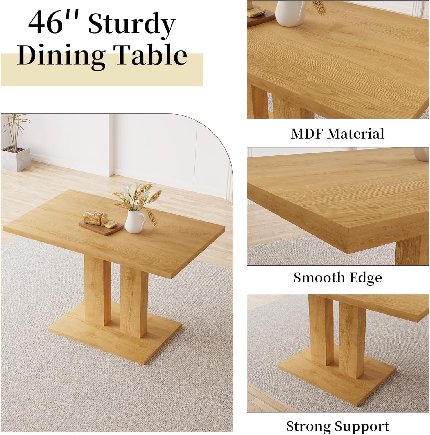 Dining Table Set for 4-6 People, 46 Inch Modern MDF Oak Kitchen Table with 4 Faux Leather Chairs, Rectangular Dining Room Table Set for Home, Small Spaces, Breakfast Nook (Oak Table + 4 Brown Chairs)