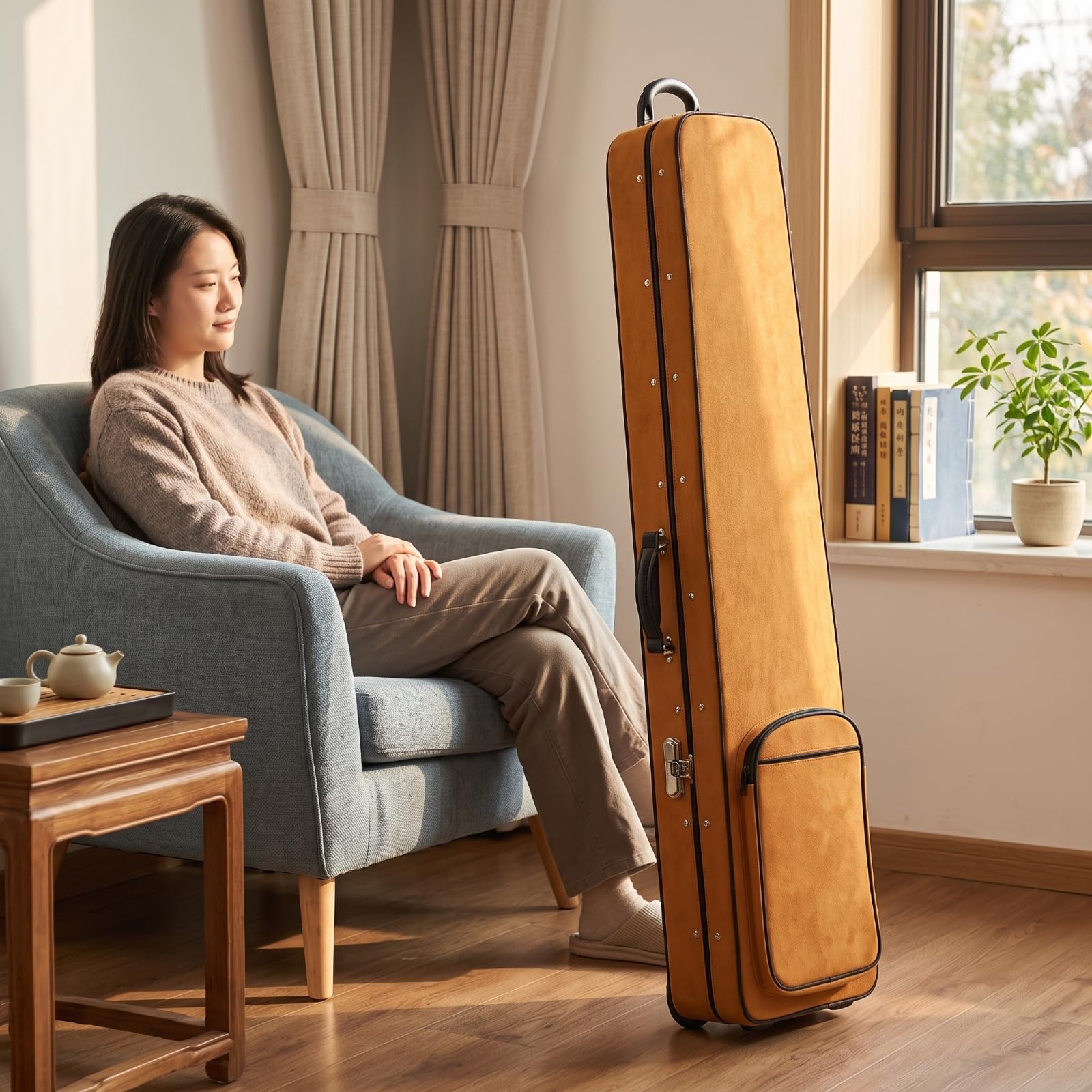Guqin Tasche Rollkoffer Instrumentenkoffer Instrumententasche Hülle aus Oxford mit Rollen Und Trageoptionen Gepolstert mit Frontfach Und Zipper für, Oxford-Gewebe Schwarz Mit Rollen