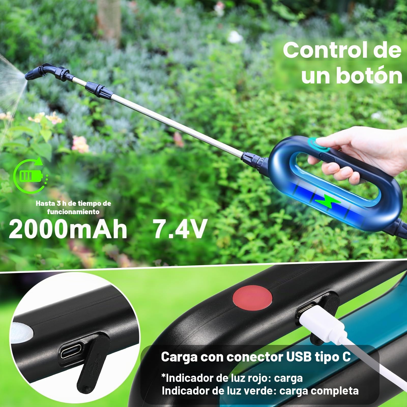 TLGREEN Pulverizador Eléctrico 8L, 7.4V/2000mAh Pulverizador de Jardín a Batería Recargable, con 3 Boquillas Regulable Varita Retráctil, Correa de Hombro Ajustable, para Plantas Jeringa de Malas