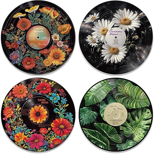 twinklemon 4PCS Vinyl Record Decor 12 Inch Record Decorations for Indie Hippie Room Decor Botanical Wall Art for Room Aesthetic Flower Leaves
