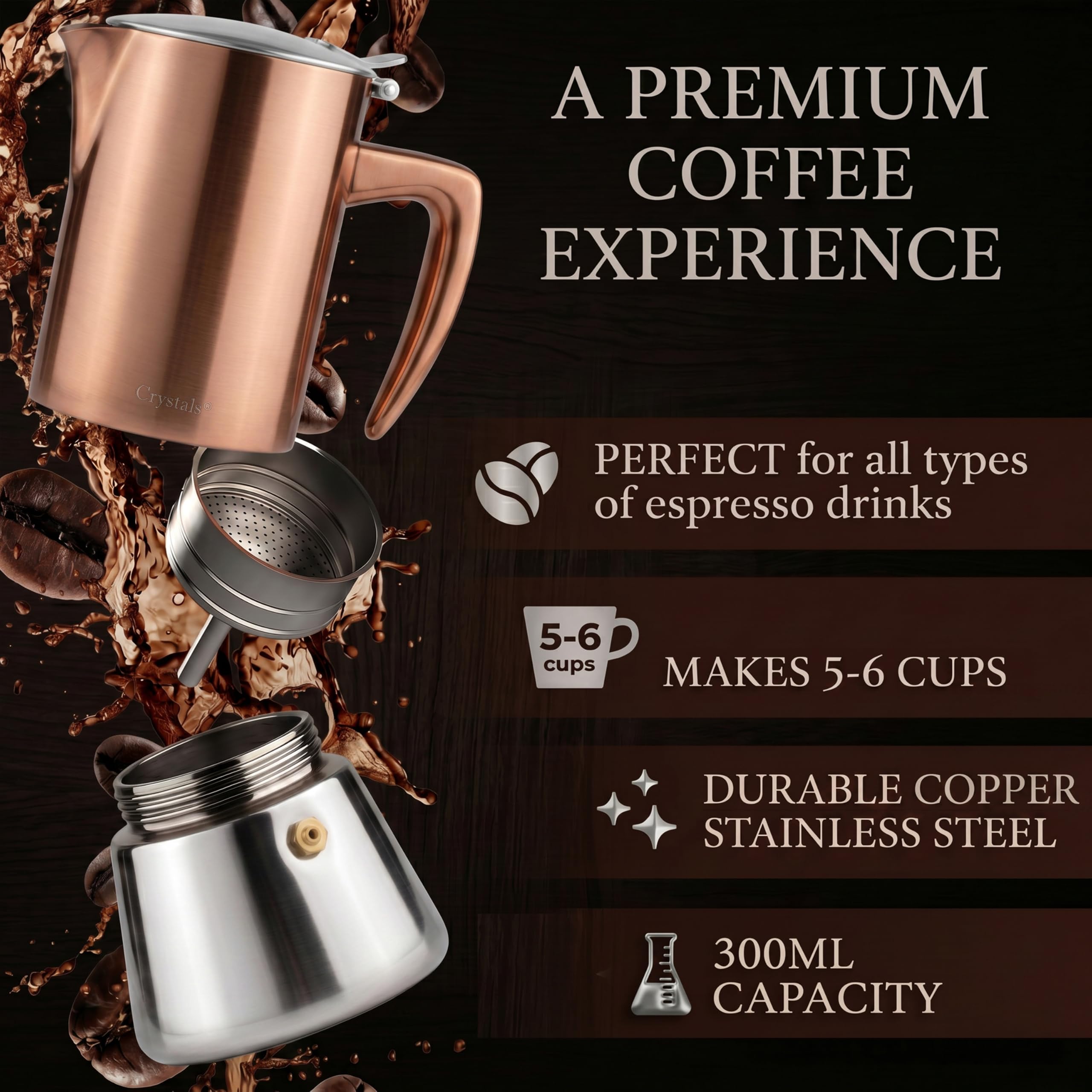 Crystals Cafetera espresso de acero inoxidable con acabado de cobre, olla Moka de 6 tazas (300 ml), cafetera italiana para inducción, cocinas de gas y eléctricas, percolador de espresso con válvula de