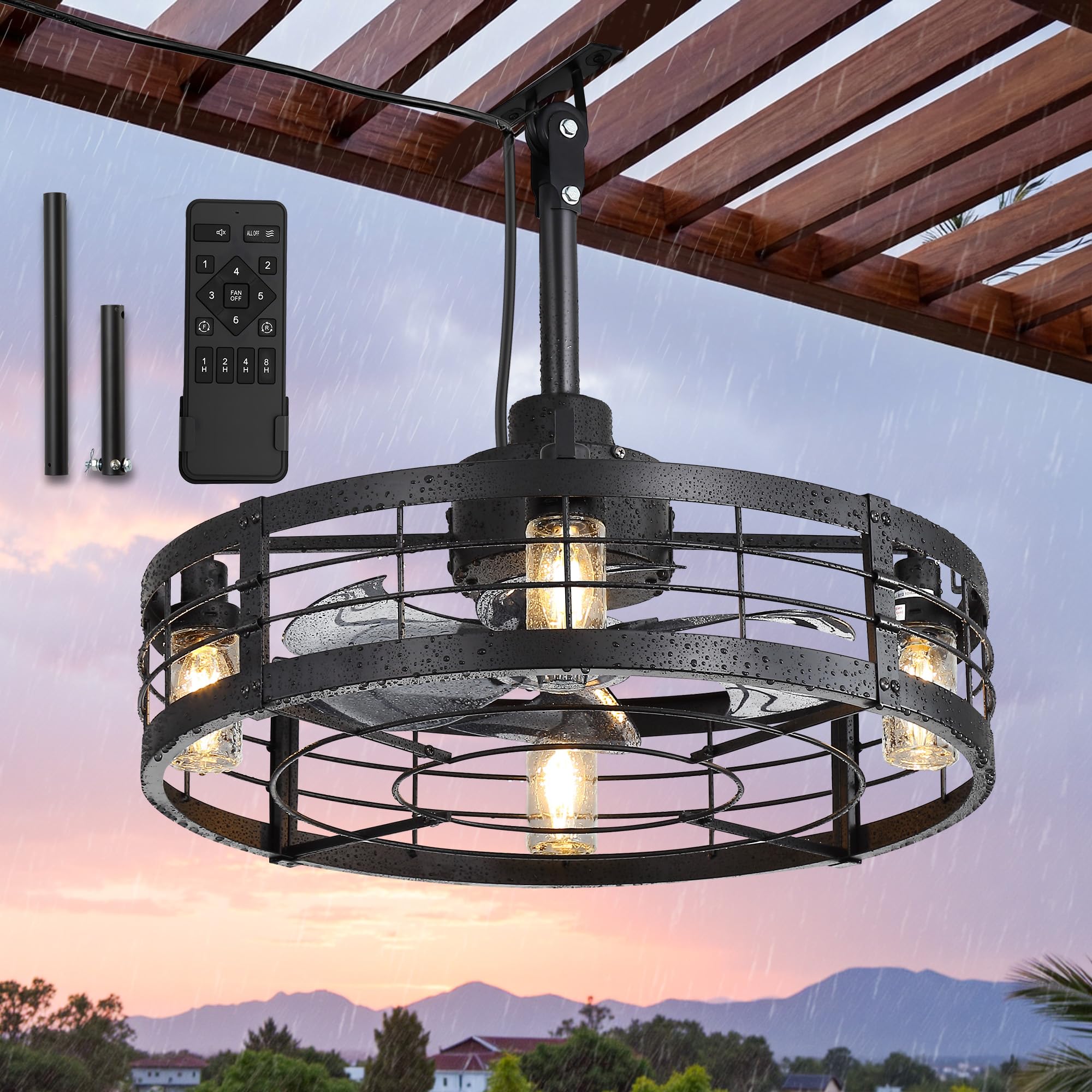 Photo 1 of LEDIARY 22" Outdoor Ceiling Fans with Light, Waterproof Gazebo Fan with Hanging Hook, Plug in Ceiling Fan with Remote,Caged Ceiling Fan with 6 Speed Timer for Patio, Porch, Pergola, Black