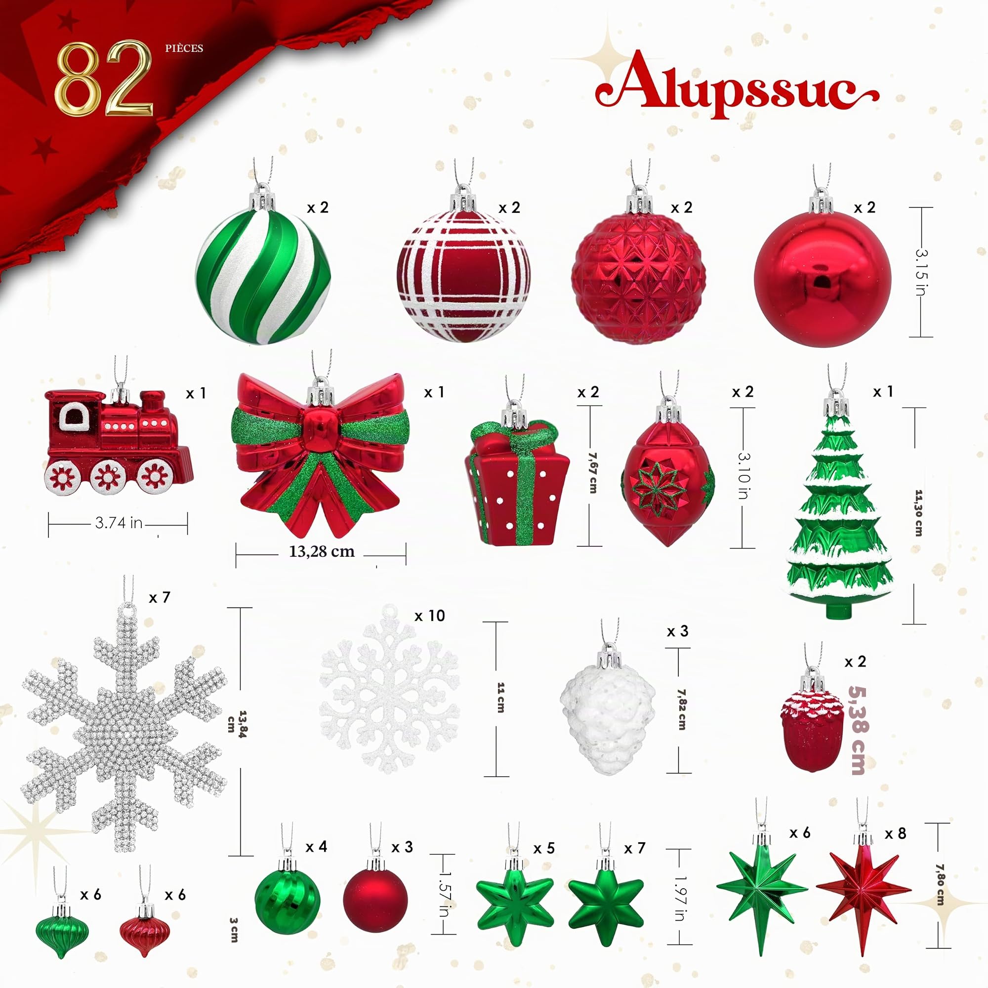 Alupssuc 82 Boules de Noel Incassables, pour Decoration Noel Sapin | 82 Pièces Boule de Noel, Ficelles Pré-suspendues, Plastique Incassable, pour Sapin/Maison/Fêtes, Rouge, Vert et Blanc