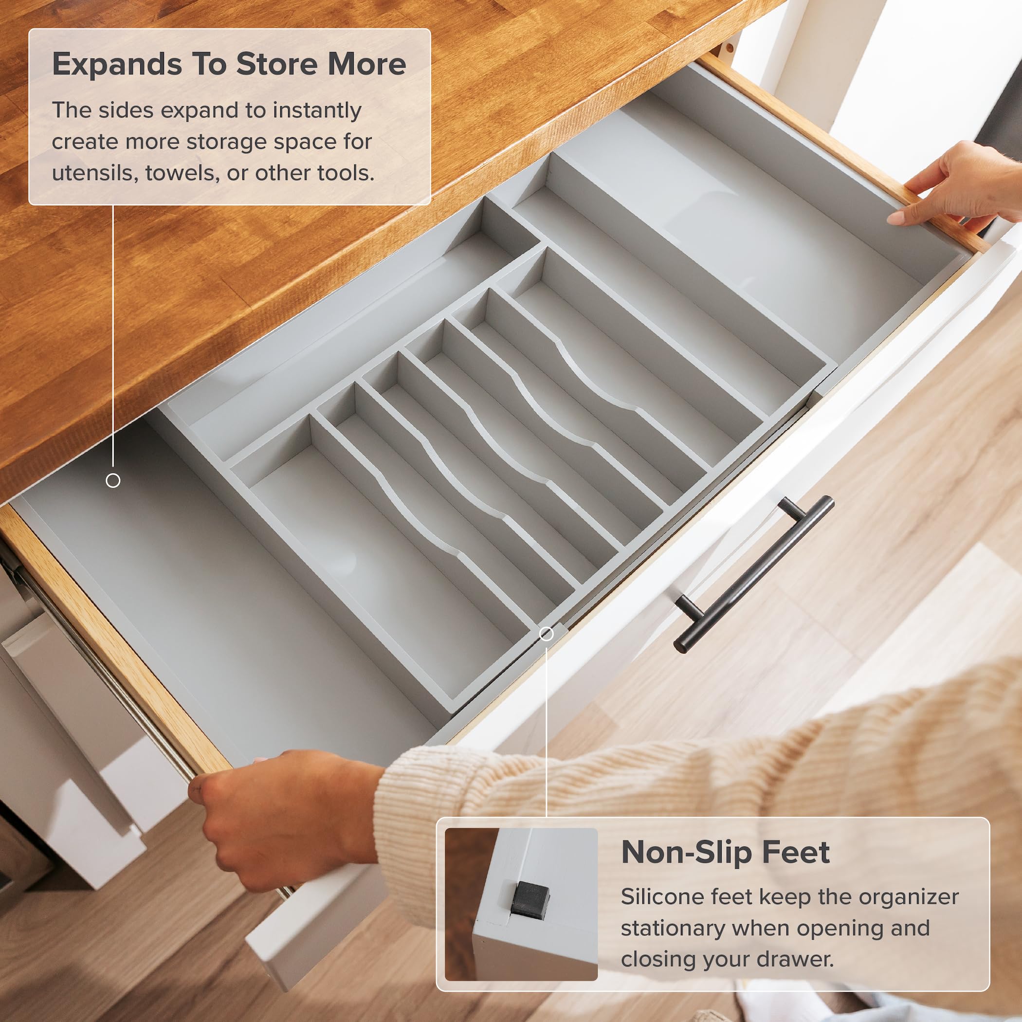 KitchenEdge Organizer do szuflad kuchennych na srebra, sztućce i przybory, jakość premium, bezpieczny w kontakcie z żywnością, z możliwością rozszerzenia od 45,7 do 83,3 cm, szary bambus
