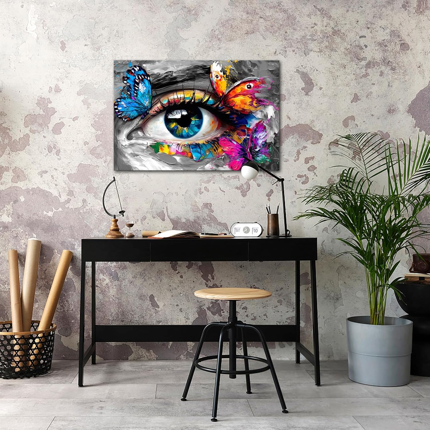 iHAPPYWALL Abstract Eye Canvas Wall Art Butterfly Picture Painting Grey Fashion Artwork for Bedroom Guest Room Modern Home Decor Ready to Hang 24x36inch
