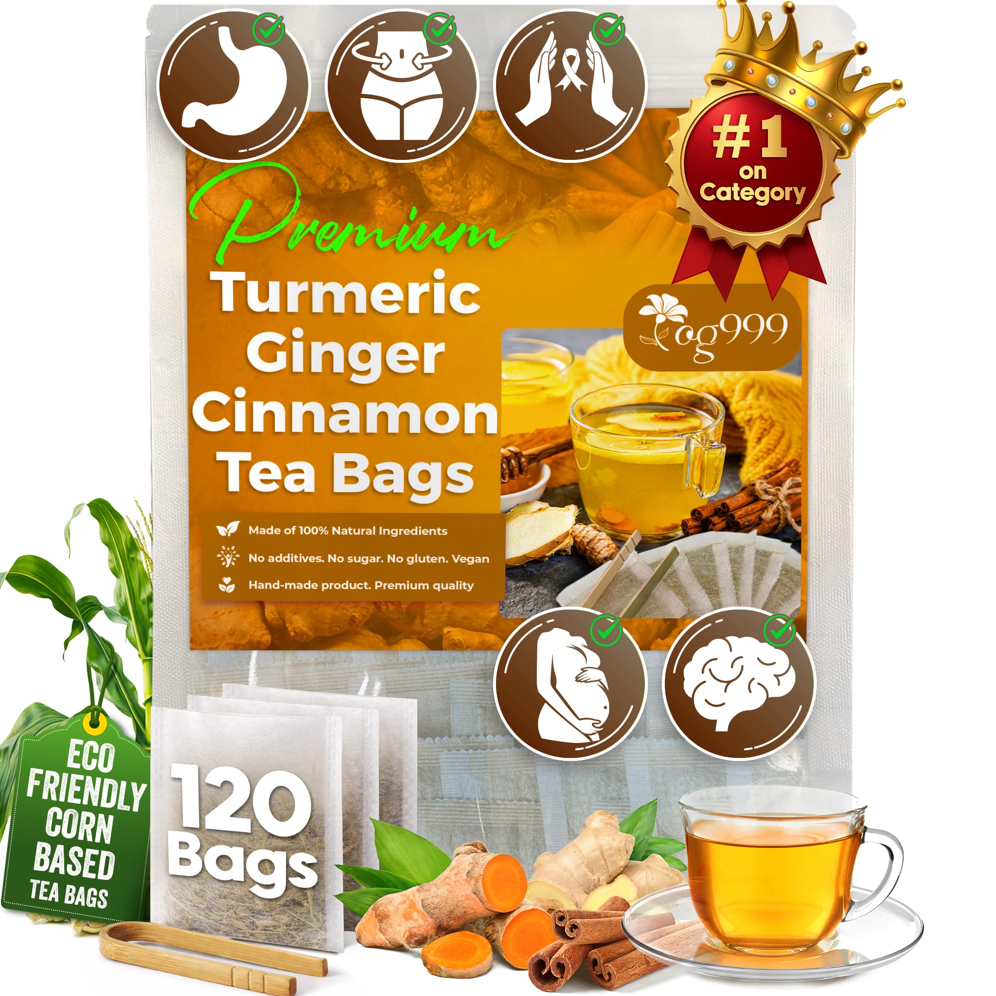 TOG999, 120 Bags Premium Turmeric Ginger Cinnamon Tea. Upgraded Version. Improve Digestion, Support Brain, Weight, Skin and Sleep. Eco-Conscious Tea