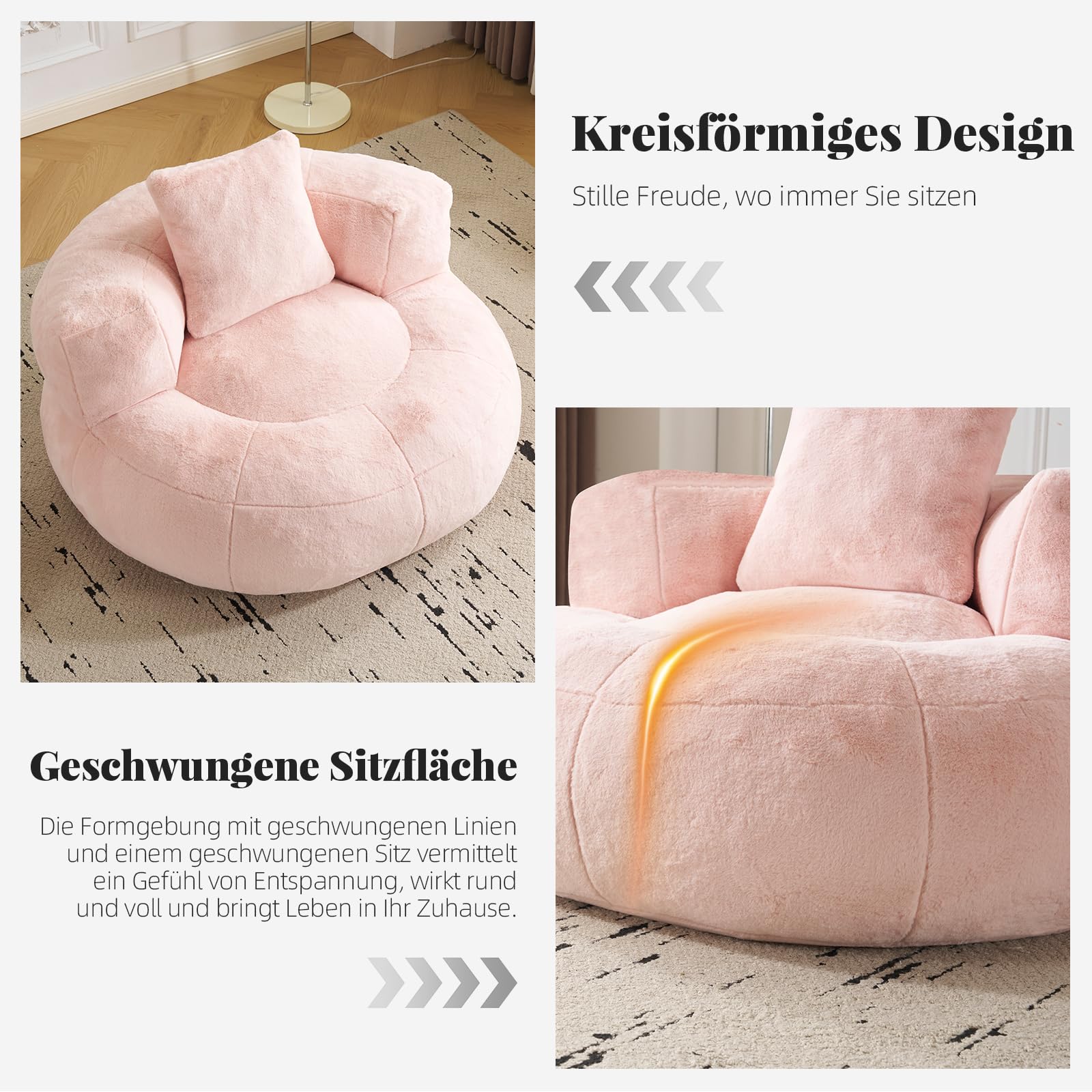 Sitzsack Erwachsene mit Füllung, Geräuschloser Runder Bean Bag mit Schaumstoff-Schnitzeln, Lesesessel & Gaming Sessel, Premium Kaninchenplüsch in Blütenform mit Kissen,Rosa