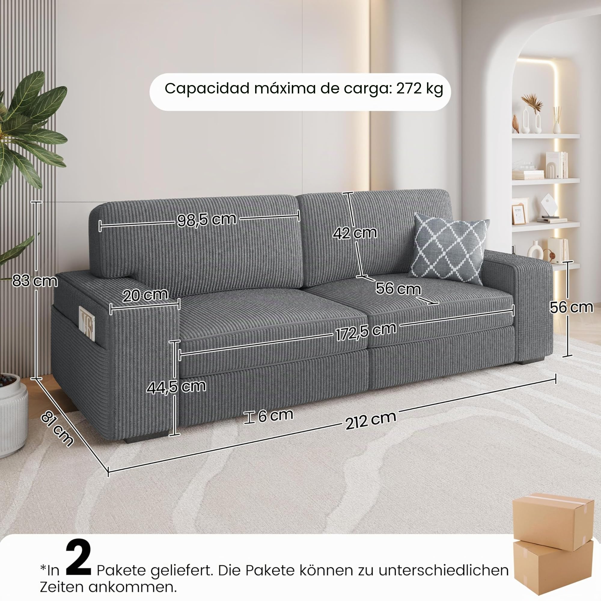 Yaheetech Sofá de 2 Plazas Tapizado de Pana de 212 X 81 cm Sofá con Cojines Extraíbles Sofá Moderno con Reposabrazos Anchos Carga MAX 272 KG para Salón/Dormitorio/Sala de Estar Gris Oscuro