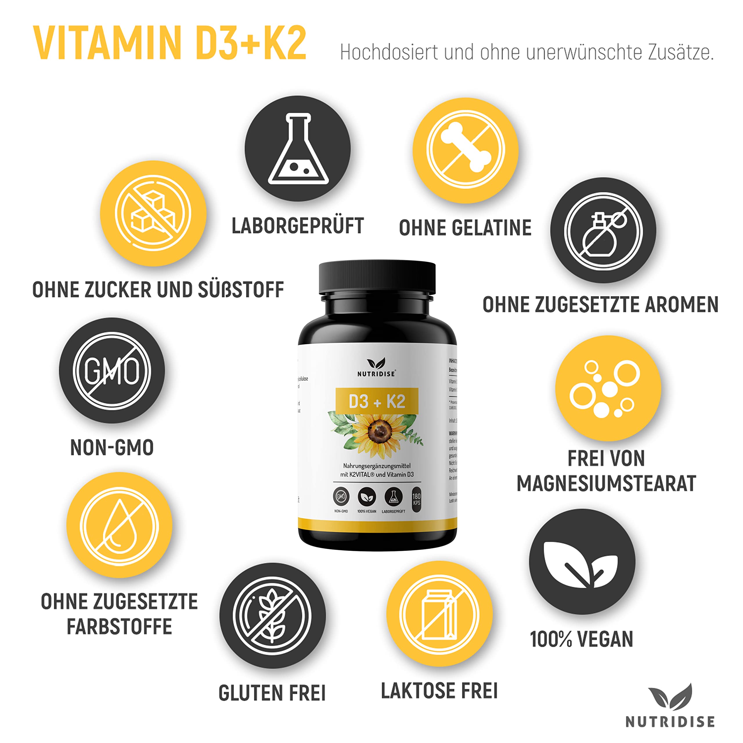 Vitamin D3 + K2 Kapseln – 1000 IE D3 + 100 µg K2VITAL MK7 99,99% Trans-Form – optimales D3 / K2 Verhältnis - hochdosiert, laborgeprüft - 180 Kapseln (Packung mit 2)