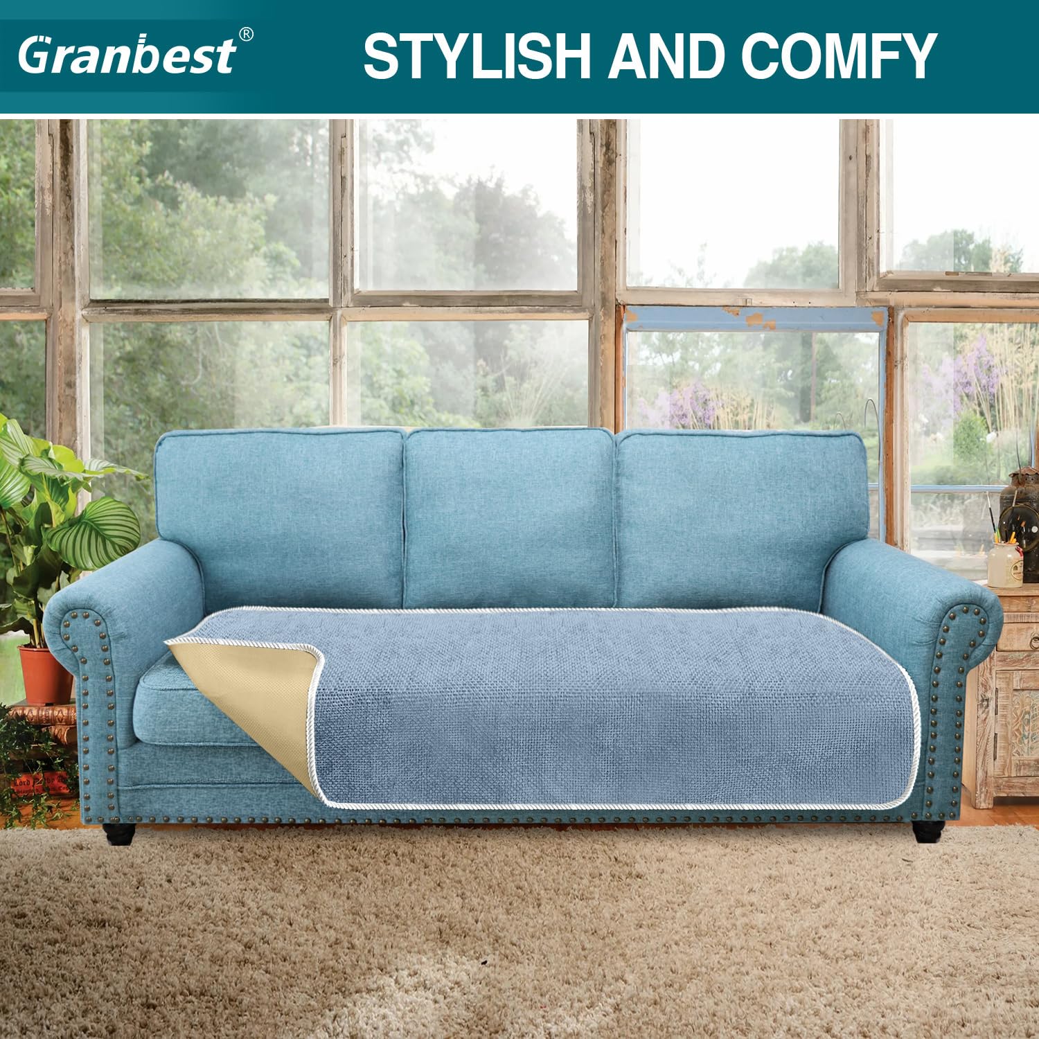 Granbest Non-Slip Sofa Seat Covers 3 Seater Thick Chair Cover Protectors from Pets Universal for All Seasons (3 Seater, Azure Blue) - Image 3