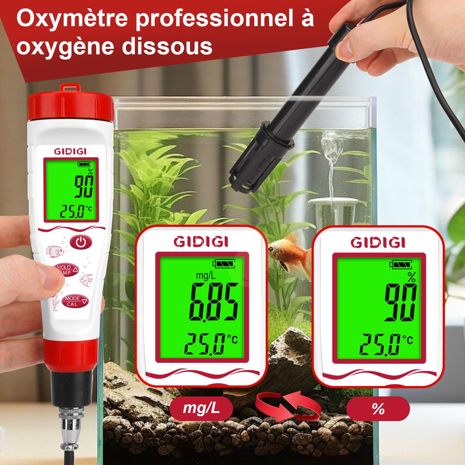 Testeur d'oxygène dissous intelligent GIDIGI pour l'eau, kit de test d'oxygène dissous avec compensation de sel et d'altitude, câble de sonde de 3 m, idéal pour les aquariums et les bassins.