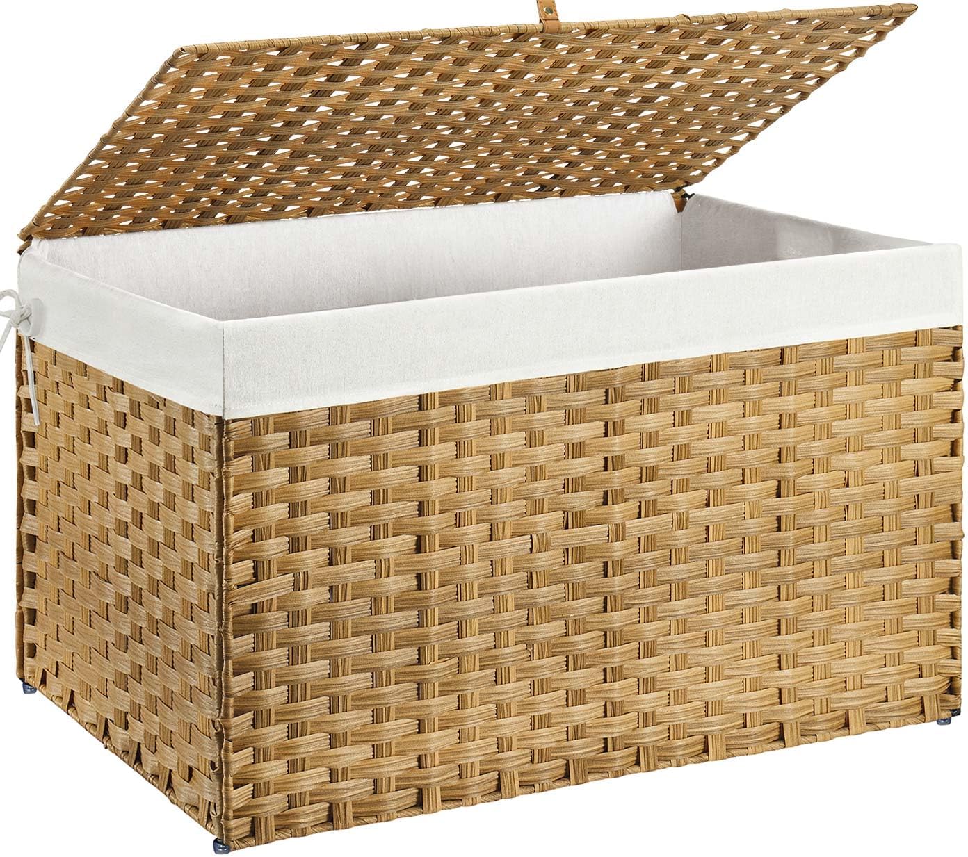 GREENSTELL Storage Basket with Lid, 160L Large Wicker Basket with Lid, Handwoven Blanket Storage with Handles, Removable Cotton Liner, Metal Frame, Foldable for Bedroom, Laundry Room, Natural
