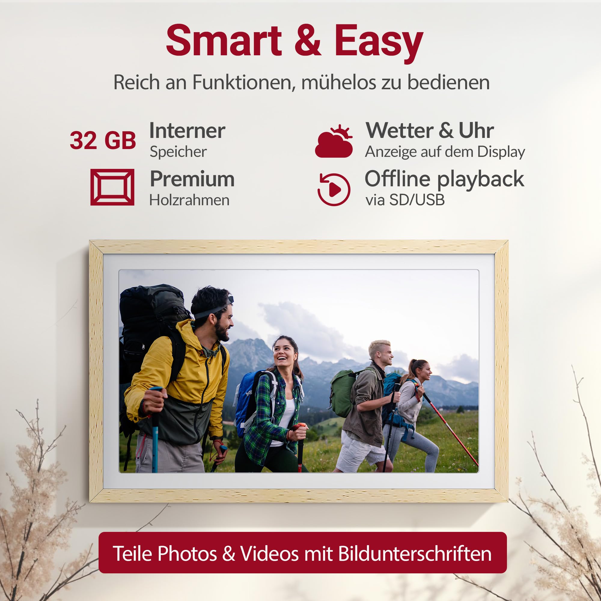 XORO 15 Zoll WiFi Digitale Bilderrahmen, 1920x1080 Full HD 1080P IPS Touch Display, 32GB Speicher, Automatische Rotation, Buchenholz, Teilen Sie Fotos sofort von überall aus