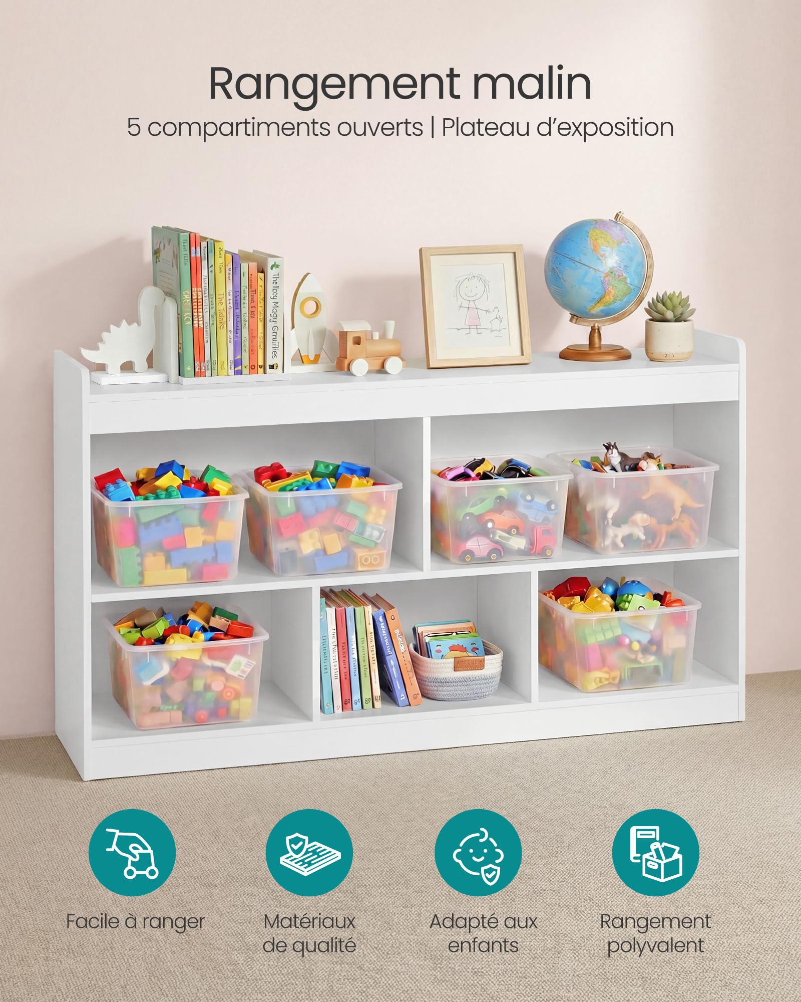 SONGMICS Étagère à Jouets pour Enfants, Meuble de Rangement Esprit Montessori, 5 Compartiments Ouverts, pour Chambre d’Enfant, Salle de Jeux, Salon, 30 x 112,2 x 65 cm, Blanc Nuage GKR052WZ01