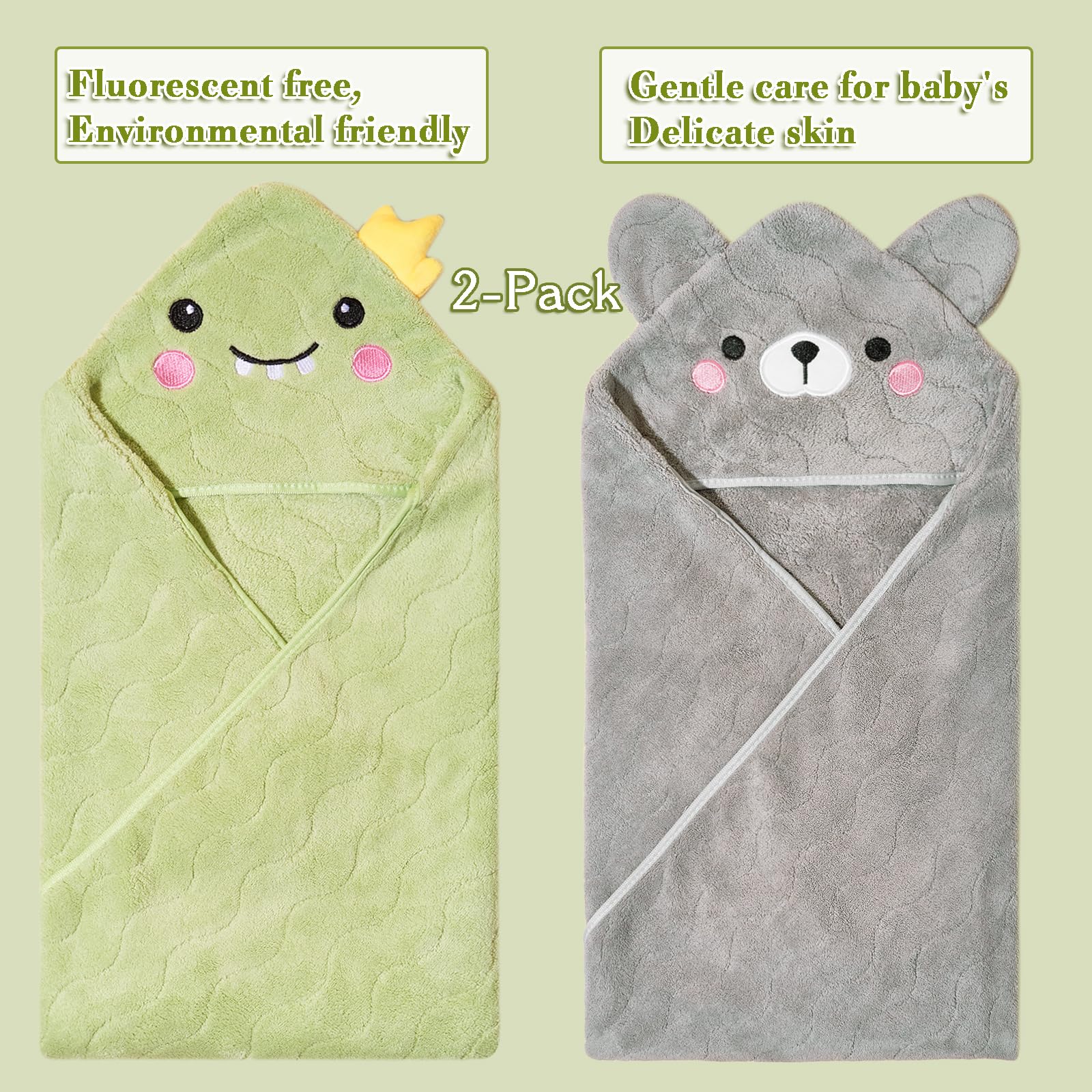 Toallas con capucha para bebé, paquete de 2 toallas de bebé de 31.5 x 31.5 pulgadas, ultra absorbentes, suaves y gruesas, esenciales de baño para bebés de 0 a 4 años, toalla de playa para