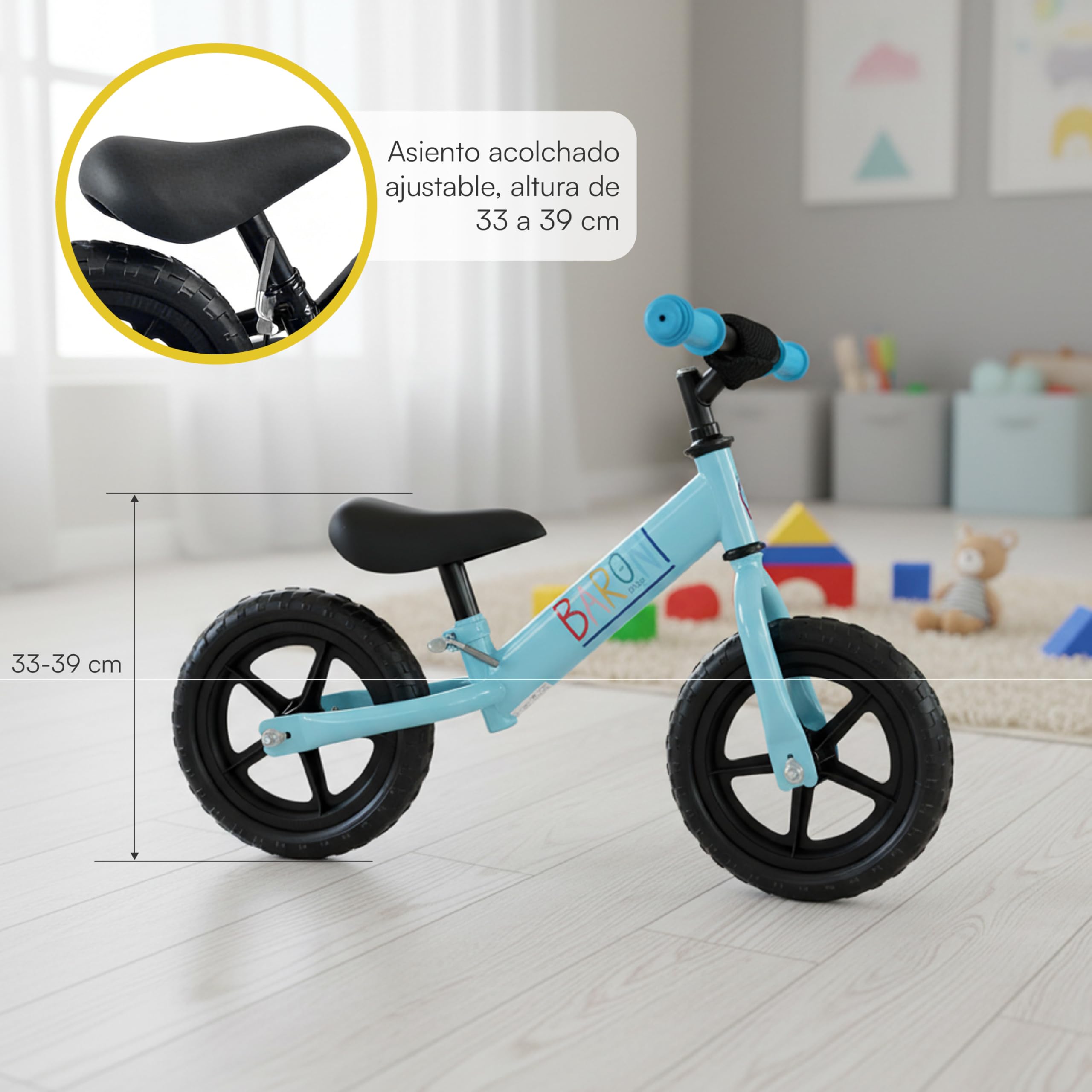 Bicicleta Sin Pedales Baroni Toys – Ajustable Y Robusta Para Niños De 3 Años En Adelante (Capacidad 45 Kg)