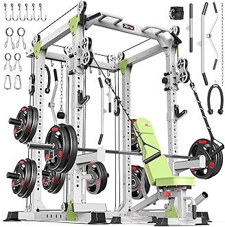 Power Cages Multi-Purpose Squat Rack with Cable Crossover System, Matching Weight Bench, Olympic Barbell Weight Set for Garage and Home Gyms
