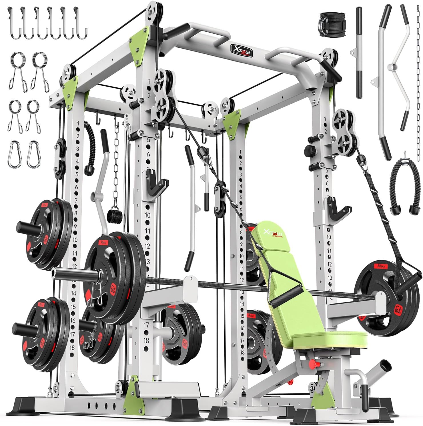 Power Cages Multi-Purpose Squat Rack with Cable Crossover System, Matching Weight Bench, Olympic Barbell Weight Set for Garage and Home Gyms
