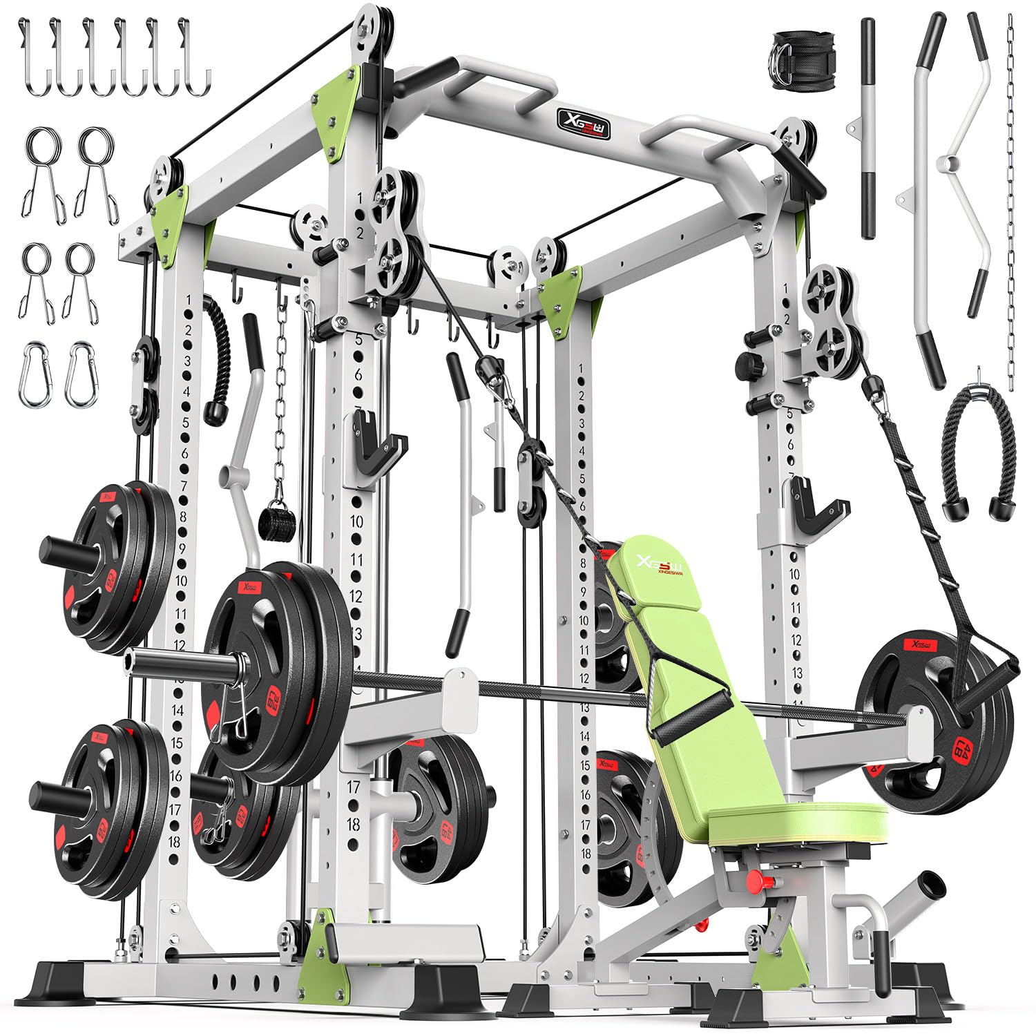 Power Cages Multi-Purpose Squat Rack with Cable Crossover System, Matching Weight Bench, Olympic Barbell Weight Set for Garage and Home Gyms
