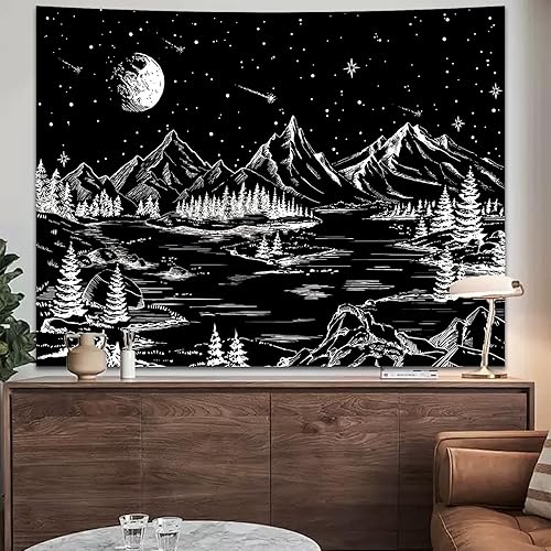 Miniatura 3 de Tapiz de bosque con montañas brumosas, tapiz de pared para dormitorio, estético, paisaje de árbol natural, telón de fondo para decoración de sala de
