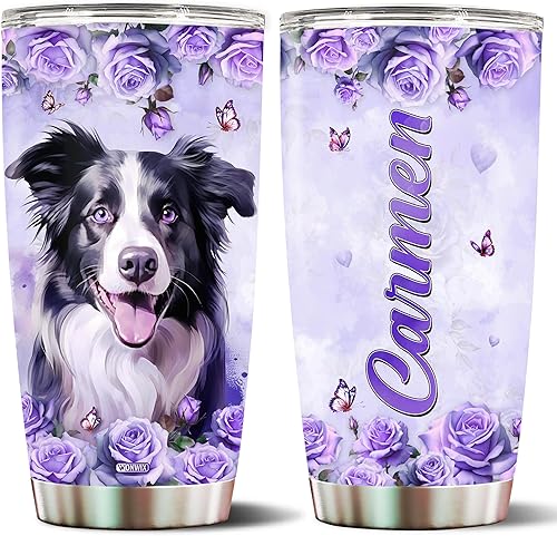 Regalos personalizados de Border Collie para mujeres, vaso aislado de acero inoxidable de 20 onzas con tapa, botella de agua, termo de viaje, taza