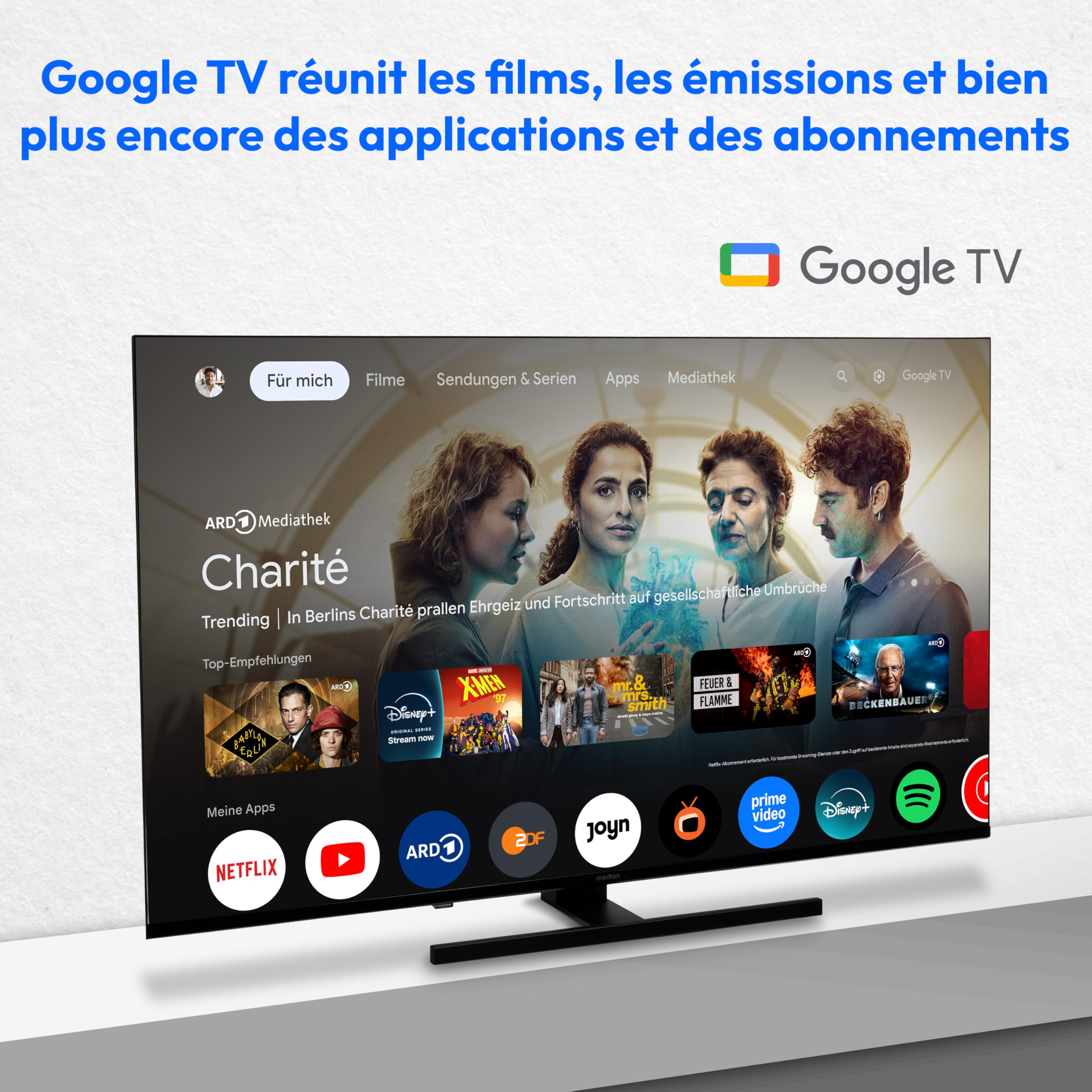 MEDION TV 50 Pouces (125,7 cm) QLED Television (Smart TV, 4K, Dolby Vision HDR, Prime Video, Disney+, Dolby Atmos, DTS X, Compatible avec Google TV, PVR, Bluetooth, MD 850700)