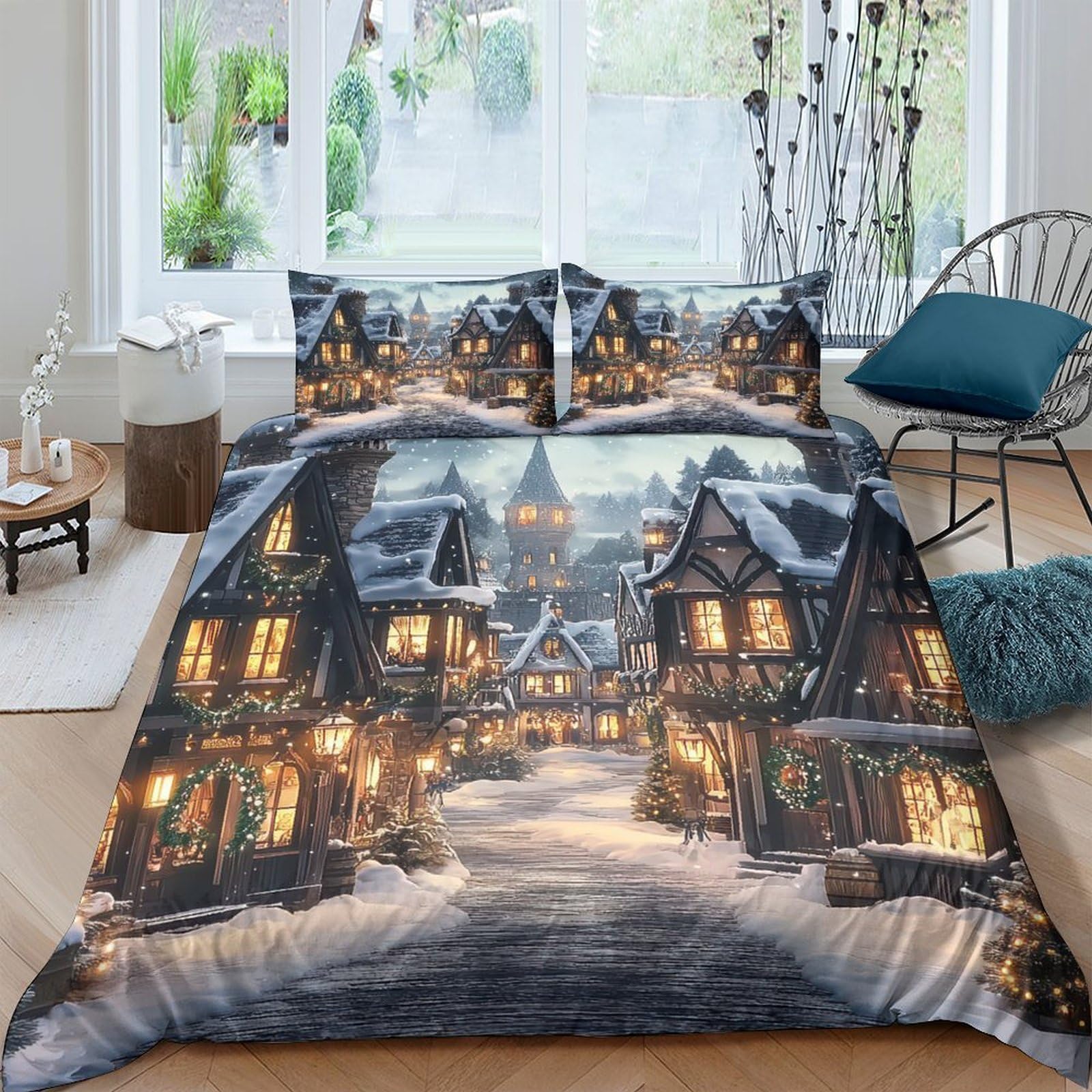 Ctjqhvkz Style-6 3D Printed Winter Village Fitted Sheet Microfiber Soft Snow Night Bed Cover For Bedroom Dorm Mattress Protection Decor Single（135X200cm）