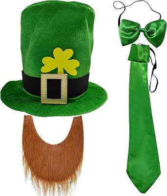 Sombrero Y Barba De Duende Para San Patricio – Terciopelo Con Trébol Y Barba De Lujo, Talla Única