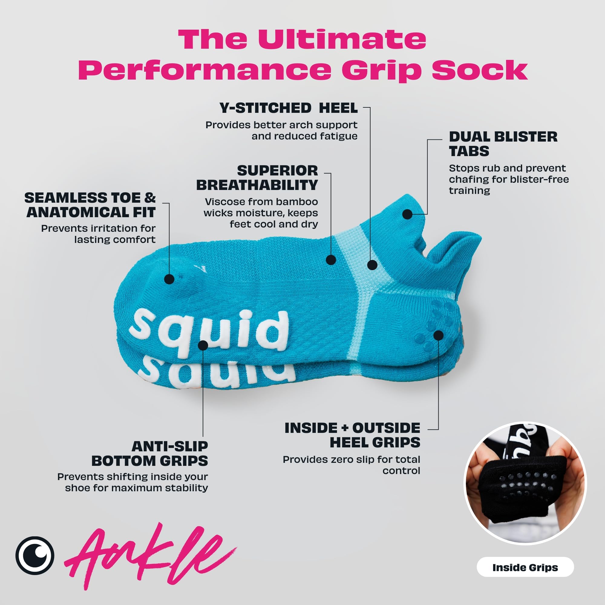 squid socks Rutschfeste Knöchelsocken, atmungsaktiv, rutschfest, mit LOCK IN-Technologie, Erwachsene und Jugendliche, Größe S, M, L