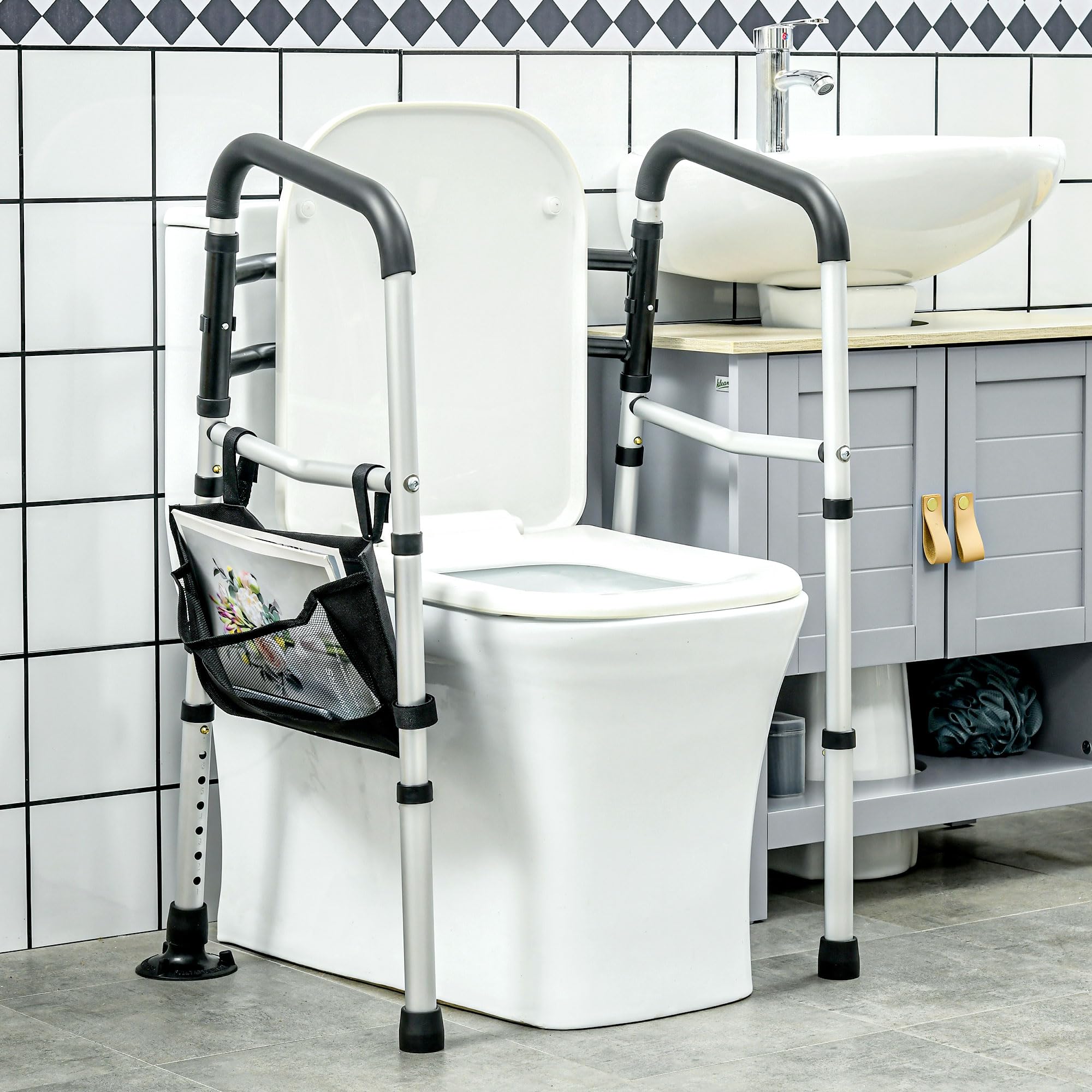 HOMCOM 2 in 1 Stand Alone Toilet Safety Rails, 300lb Stand-Assist Walker with Adjustable Height Width, Toilet Rails Grab Bar with Rubber Tips, Storage for Elderly, Disabled