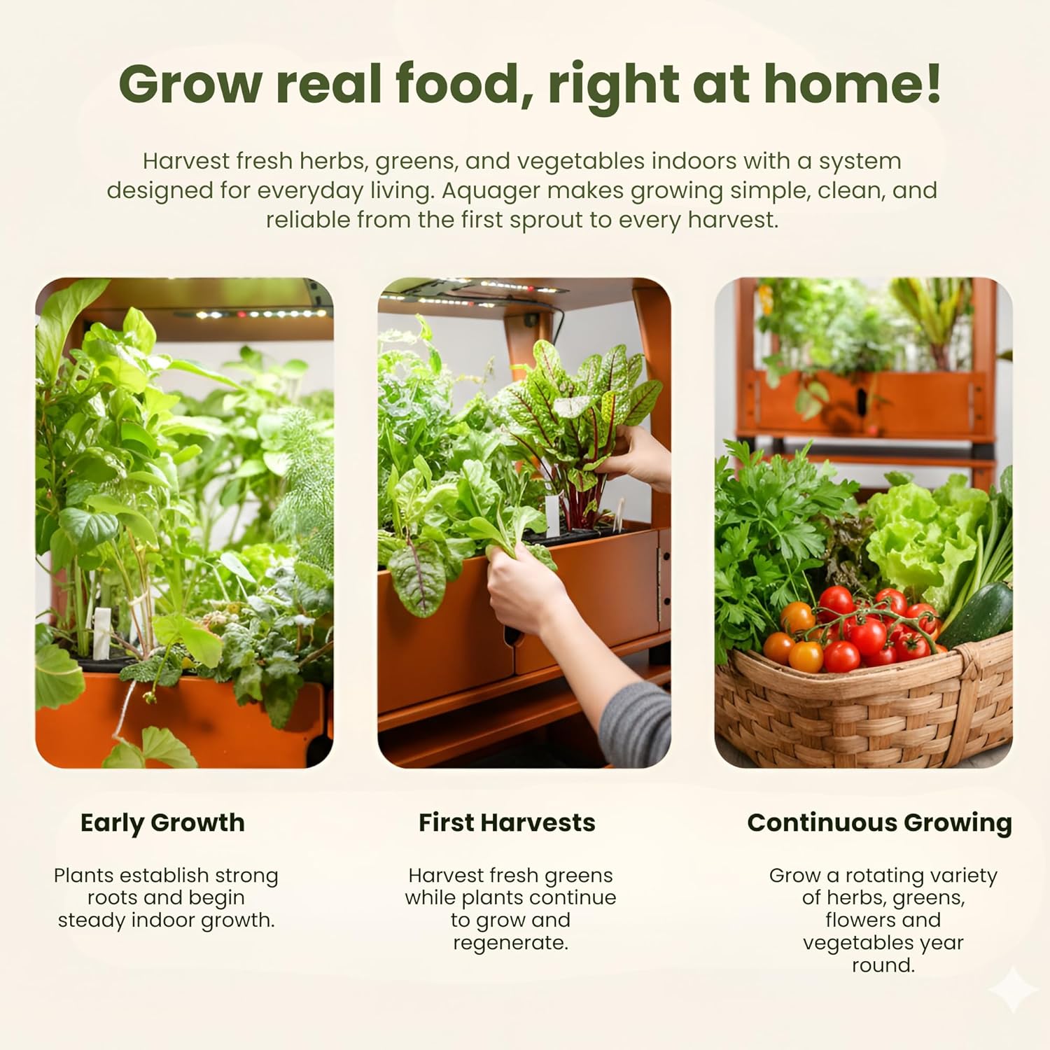 Hydroponic Home Garden Farm with LED Grow Lights + Grab & Grow Kit Included | Organic Microgreens, Herbs & Vegetables | Real Wood Design | Stackable, Mess-Free, Year-Round Harvest (Brown)