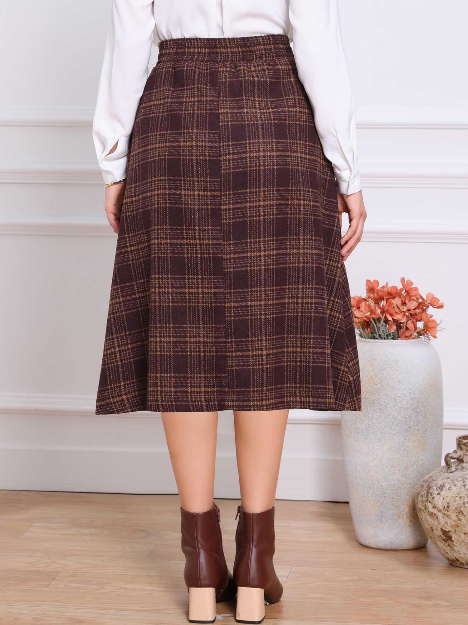 Allegra K Femme Jupe Plissée Tartan Taille Haute Trapèze Midi | Motif Tartan Taille Haute Dos Élastique Fermeture à Glissière Invisible Longueur Genou Coupe Trapèze Poches