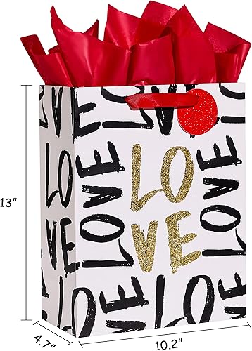 Miniatura 4 de SUNCOLOR Bolsa de regalo grande para el día de San Valentín con papel de seda, diseño de amor negro y dorado, 13 x 10.2 x 4.7 pulgadas, para