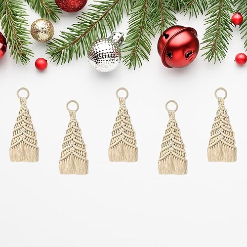 Handmade Modern Holiday Decor Christmas Ornaments Woven Macrame Tree Ornament Hanging Rustic Farmhouse Style, Set of 6