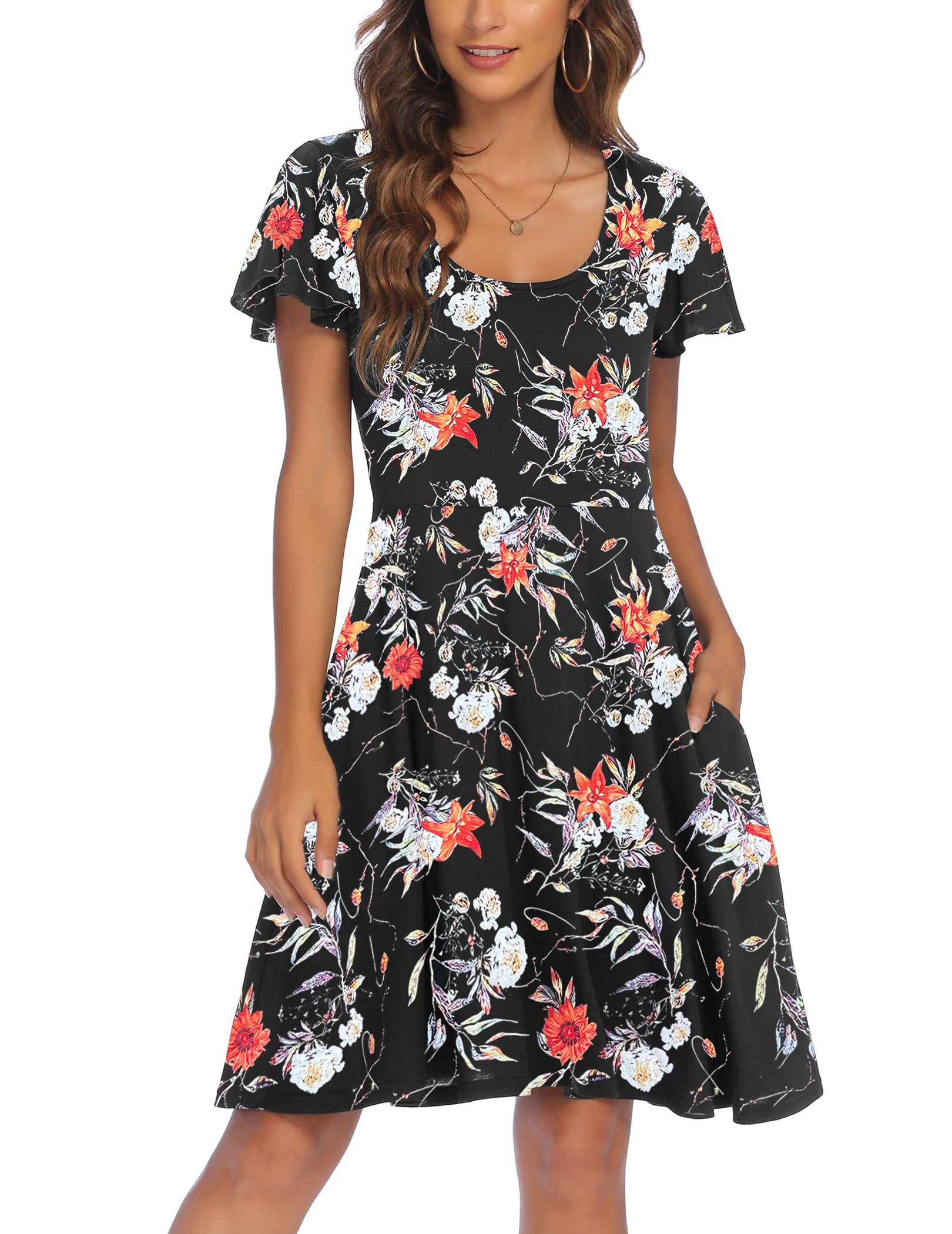 ACEVOGWomen's Casual Dresses Flare Short Sleeve Summer Beach Dress with Pockets Floral Mini Swing Skater Dresses