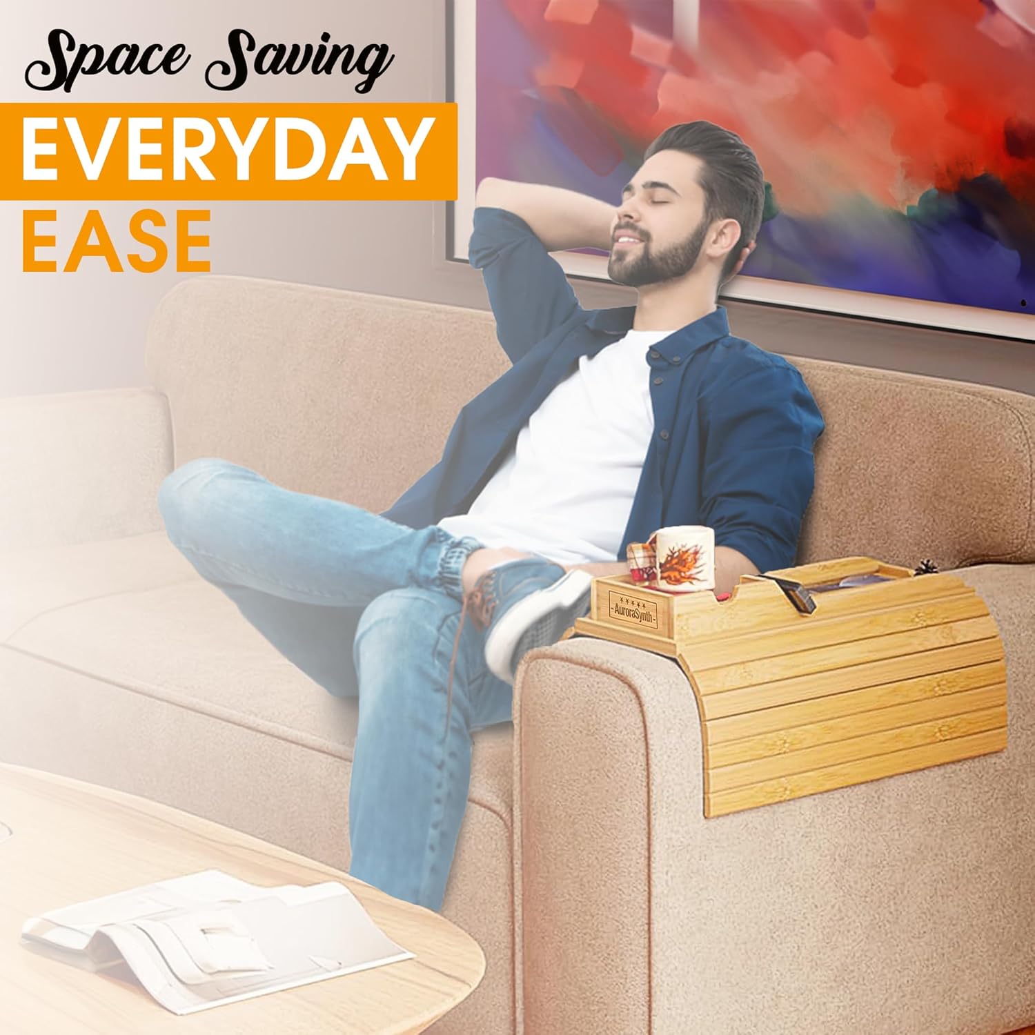 Bamboo Couch Cup Holder Tray with 2 Cork Coasters, Caddy, Anti-Slip Foldable Armrest Sofa Tray, Anti-Spill Holder for Remote, Snacks, Cellphone - Ideal Gift