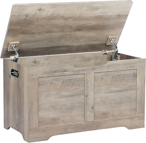 Baúl de almacenamiento de 31.5 pulgadas, banco de almacenamiento de madera, baúl de juguetes con 2 bisagras de seguridad, caja de juguetes grande,