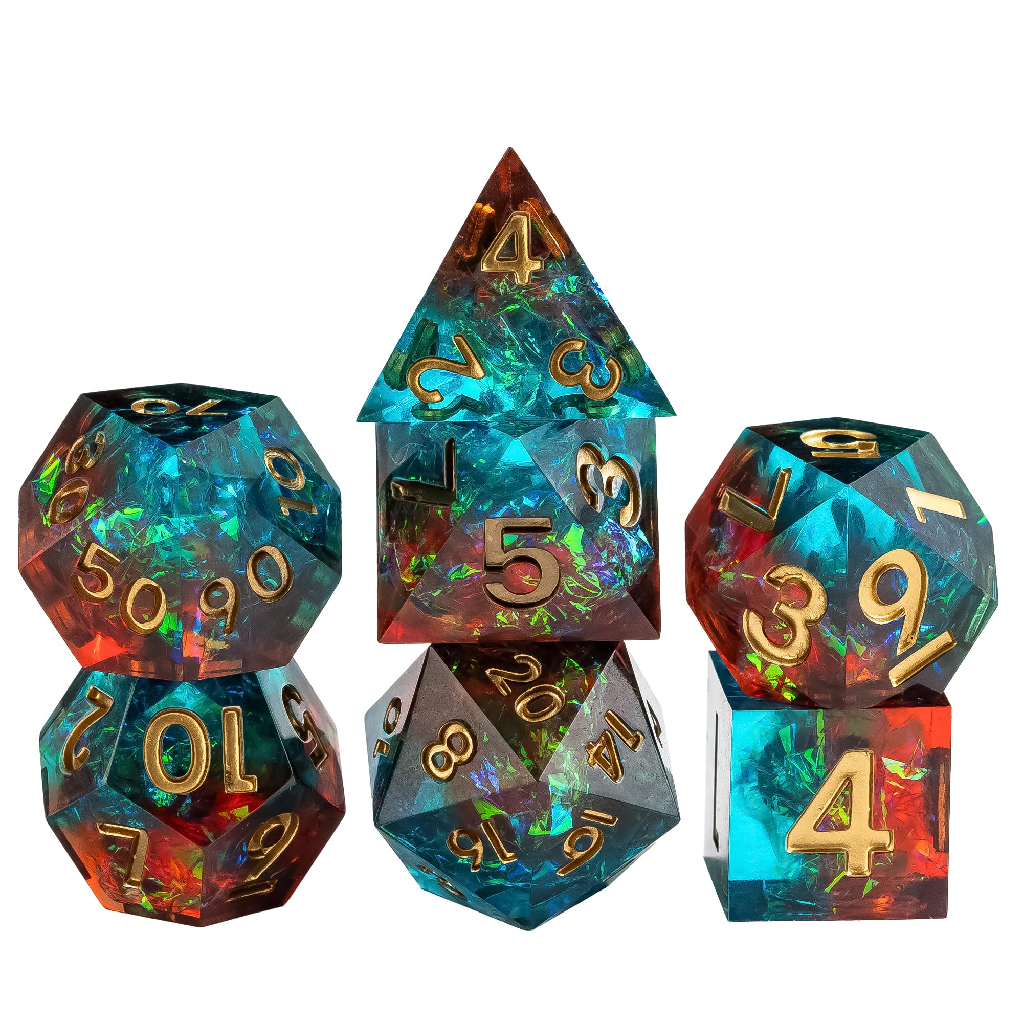CRITALLIC Sharp Edged DND Dice 7 Piece Role Playing Dice with Glitter Filled Handmade Polyhedral Dice for Dungeons and Dragons Tabletop Game MTG, Starry Sky(blue With Brown)