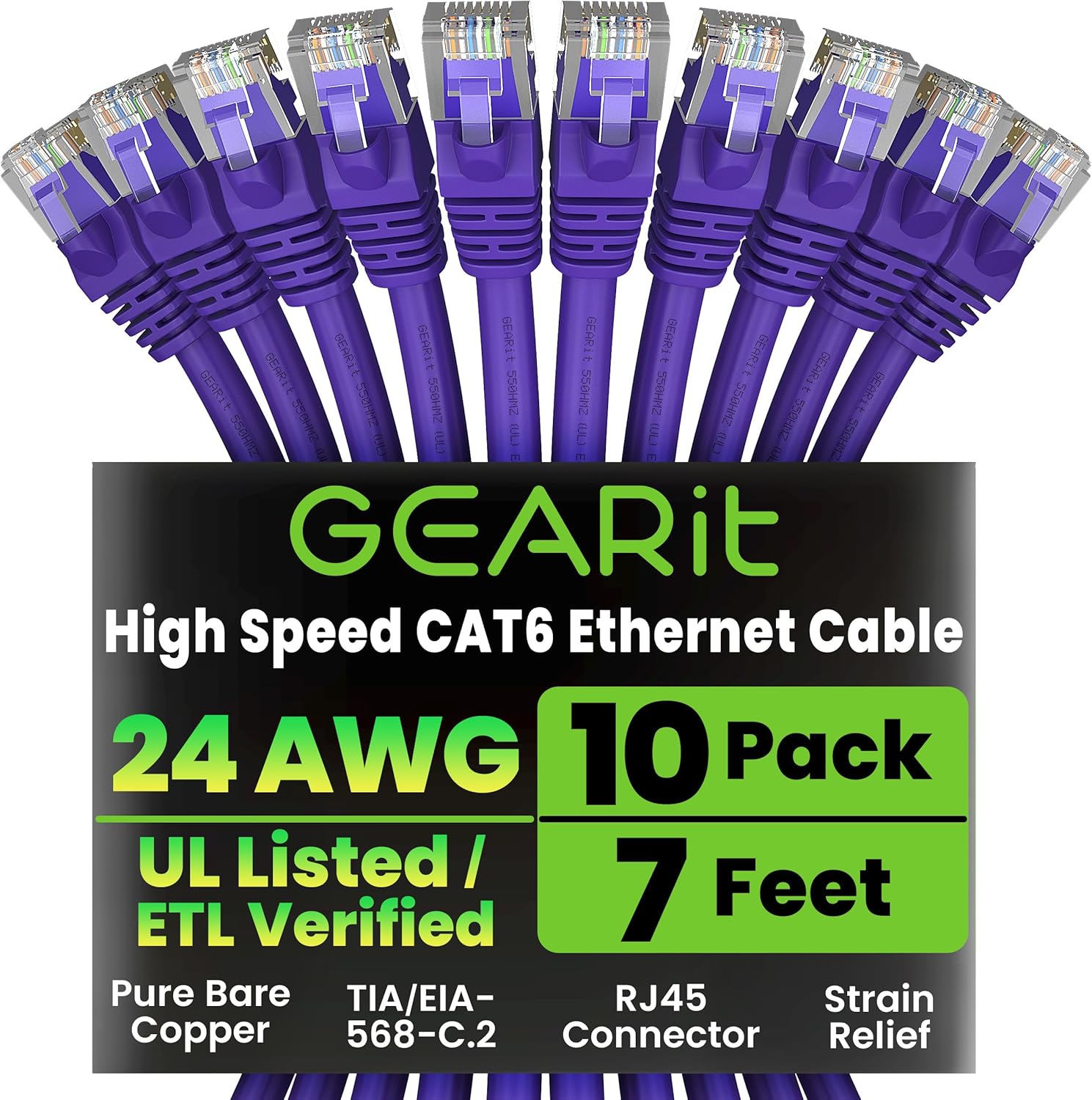 GearIT Cat 6 Ethernet Cable (10-Pack 7 Feet) Cat6 Network Patch, 10Gbps, RJ45, Snagless Cord, Gold-Plated Connectors, Internet for PC, TV, Tablet, Router, Printer, Servers, IT Data Center - Purple