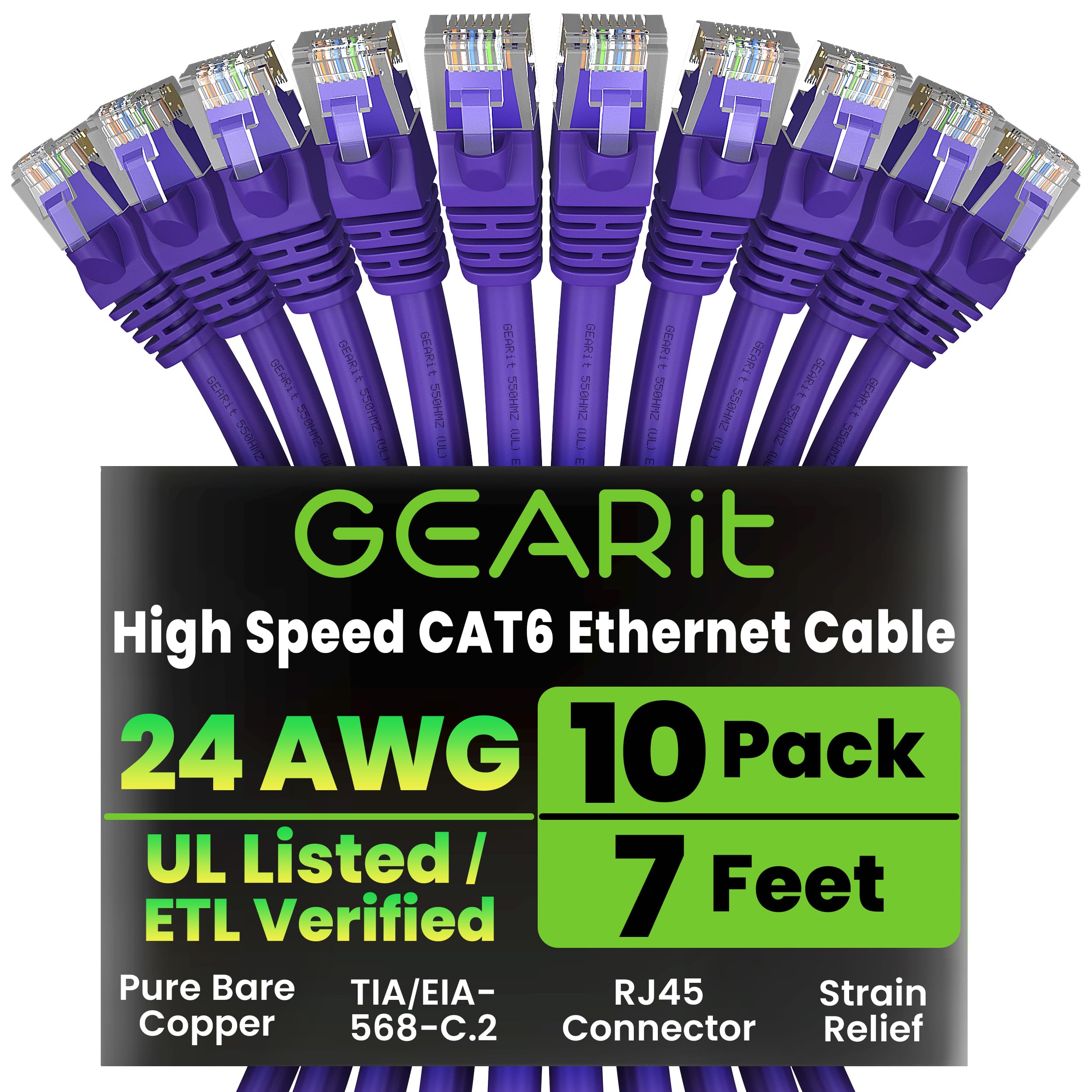 GEARit Cat 6 Ethernet Cable (10-Pack 7 Feet) Cat6 Network Patch, 10Gbps, RJ45, Snagless Cord, Gold-Plated Connectors, Internet for PC, TV, Tablet,