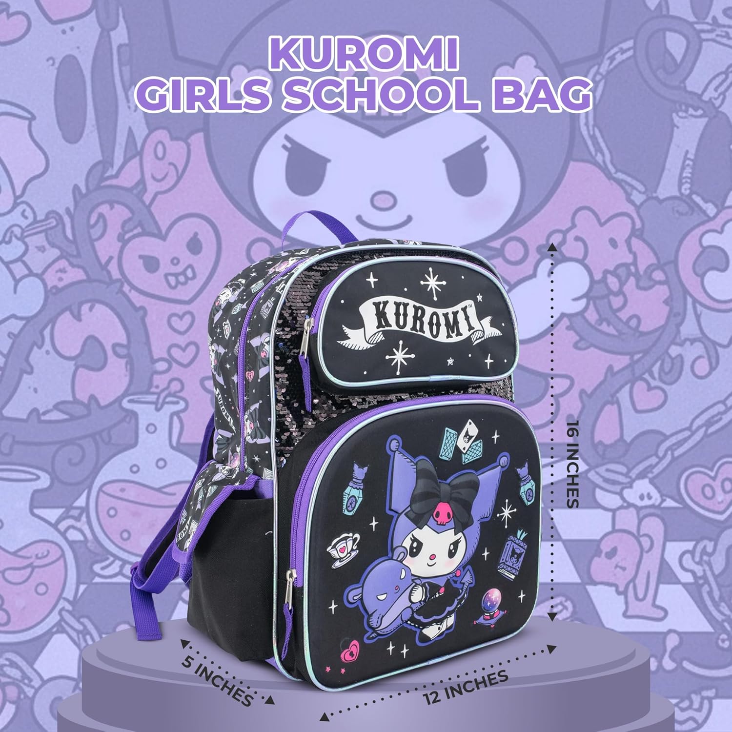 AI ACCESSORY INNOVATIONS Sanrio’s Hello Kitty Backpack for Girls, 16 Inch Kuromi, Kawaii School Bag with Flip Sequins & 3D Molded Front Pocket, Black