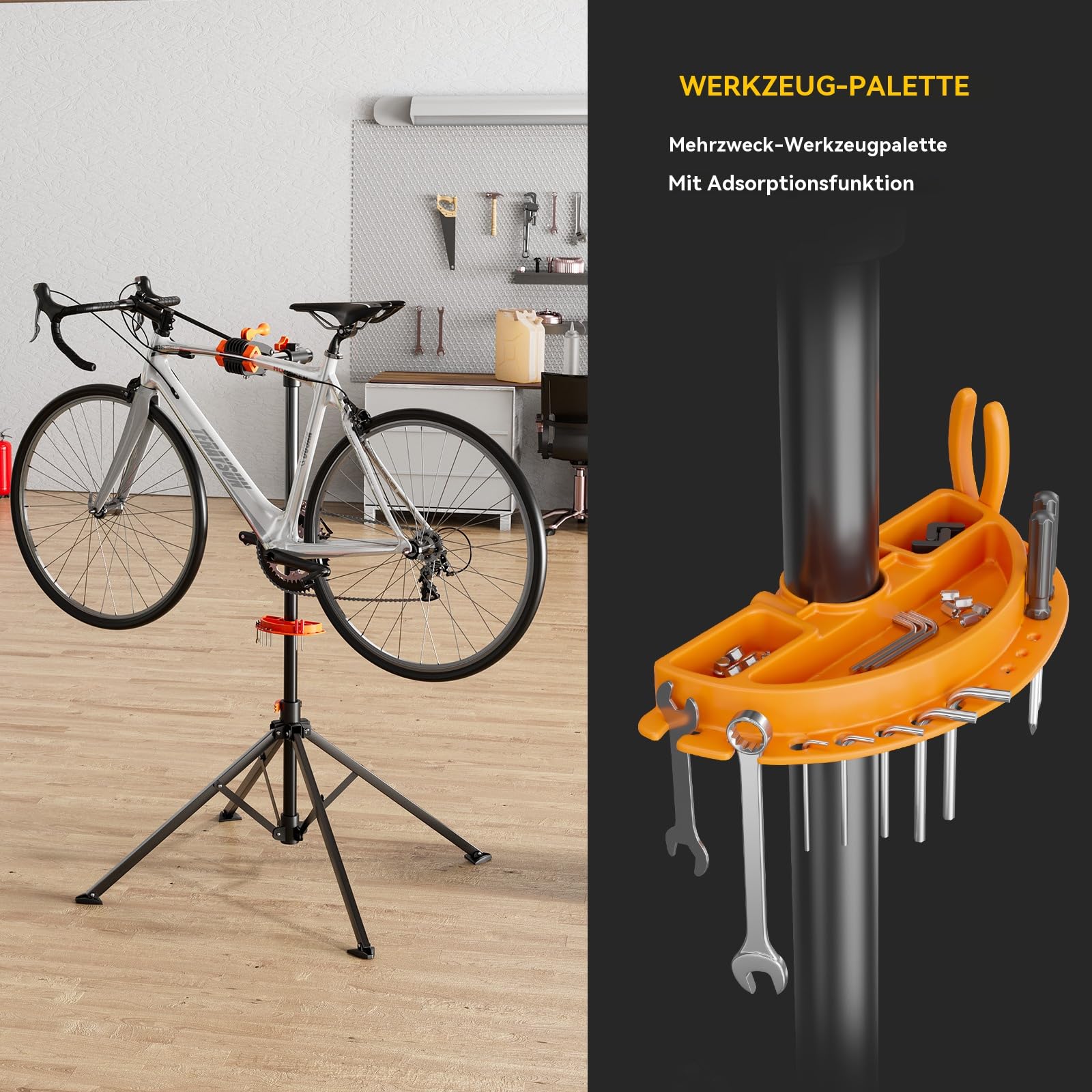 Fahrrad Montageständer für E-Bikes & MTB – 30kg Traglast – Stabiler Reparaturständer aus Aluminium, 360° Drehbar, Höhenverstellbar bis 170cm mit Werkzeugablage