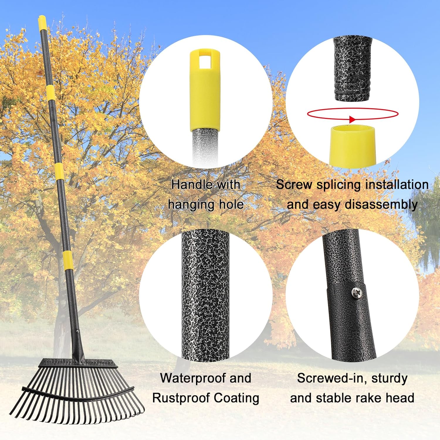 65" Leaf Rake for Gardening Adjustable Long Handle with 25 Metal Tines 18" Wide Leaf Rakes Yard Thatchibng Rake for Picking Leaves,Grass Clippings Garbage