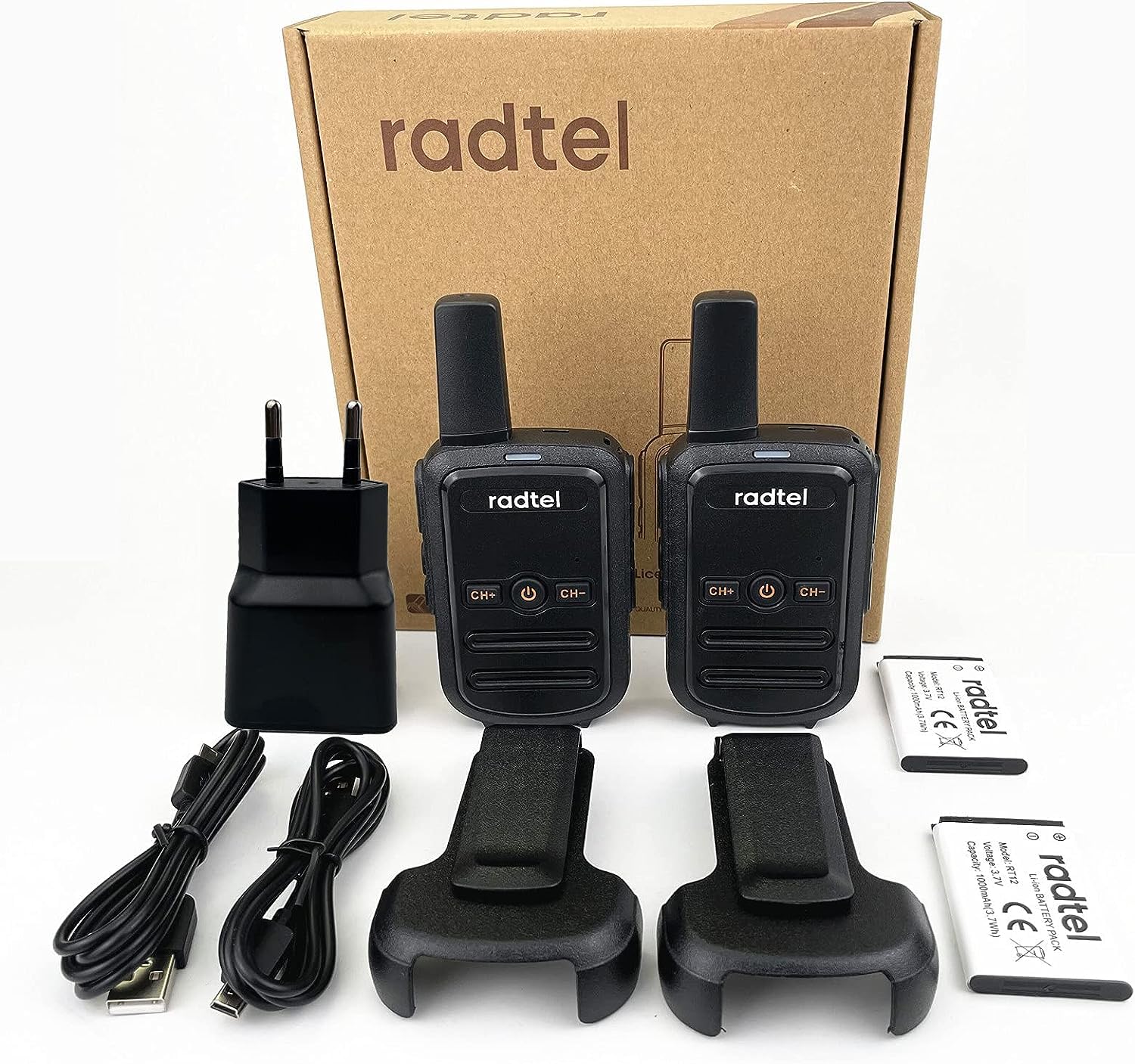 Radtel RT12 PMR 446 Walkie Talkie Recargable 16 Canales de Radio sin Licencia CTCSS DCS Walky Walky Radio con Carga USB para la construcción Restaurante Supermercado（4 Pack） (Negro)